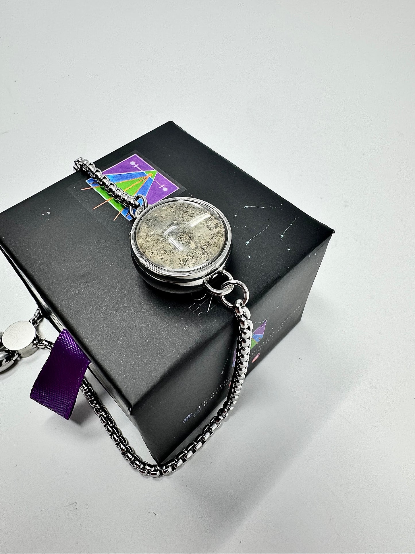 Certified Genuine Lunar Meteorite Dust Bracelet - Stainless Steel/Adjustable Box Chain - Jewelry Box Included
