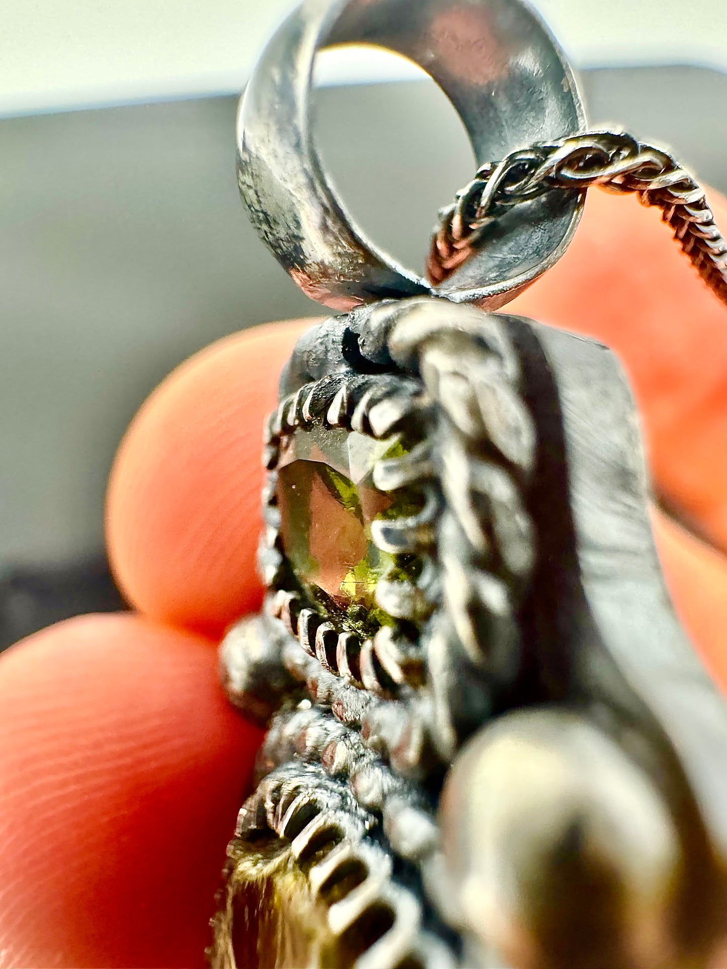 Surface of the Moon Collection: NWA 7831 Diogenite Meteorite (Asteroid Vesta) w/ Faceted Moldavite - Silver Necklace + Chain - Handmade - One of a Kind - Genuine Lunar Dust Mixed In Silver w/ COA