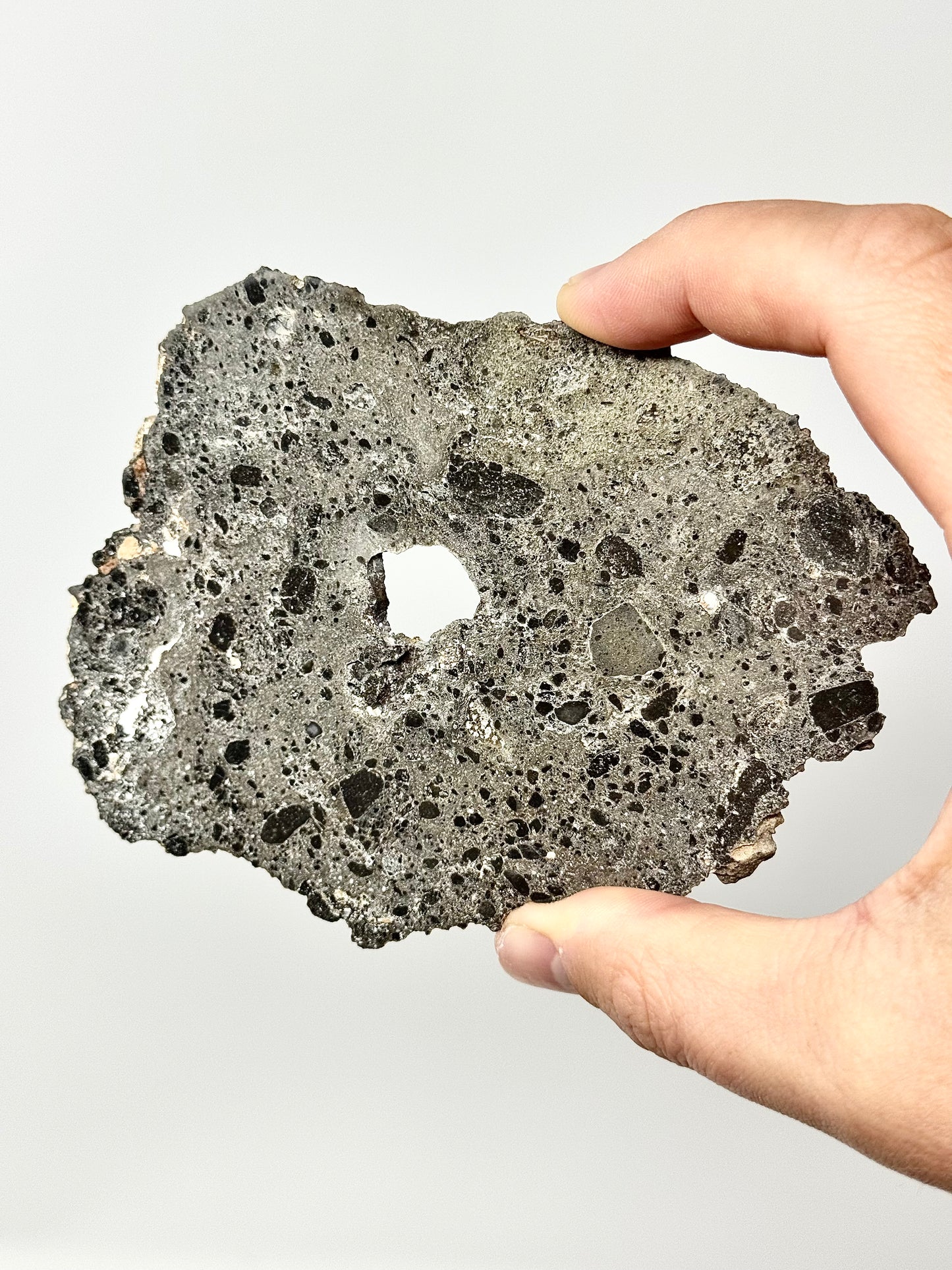 Unique and Rare NEA 089 Lunar Troctolitic Melt - 57.4g Full Slice with Hole Caused By Giant Pocket Of Vesicles! Lunar Meteorite From Deep Within The Moon’s Crust