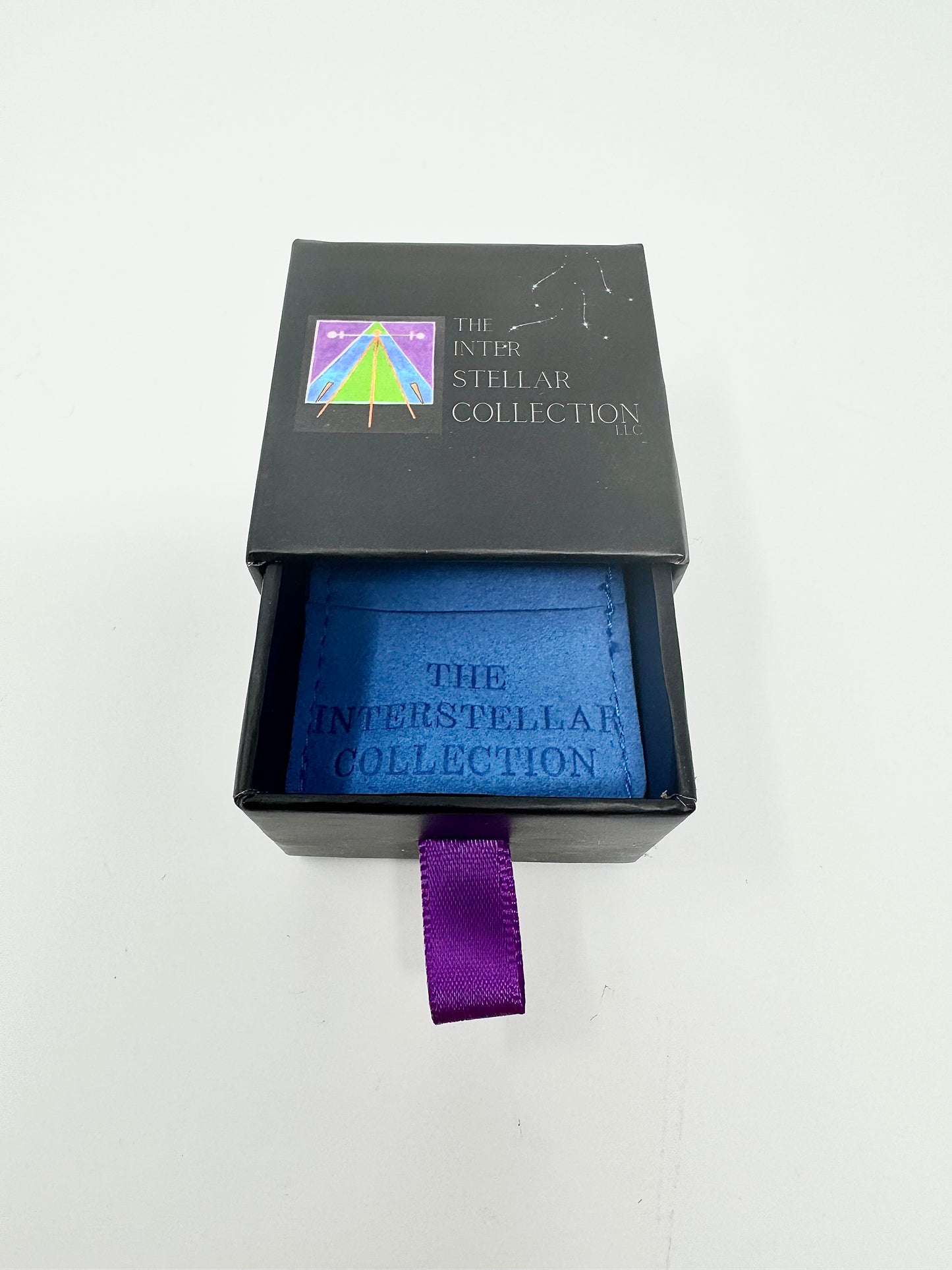Small Jewelry Box with Imprinted Blue Suede Pouch