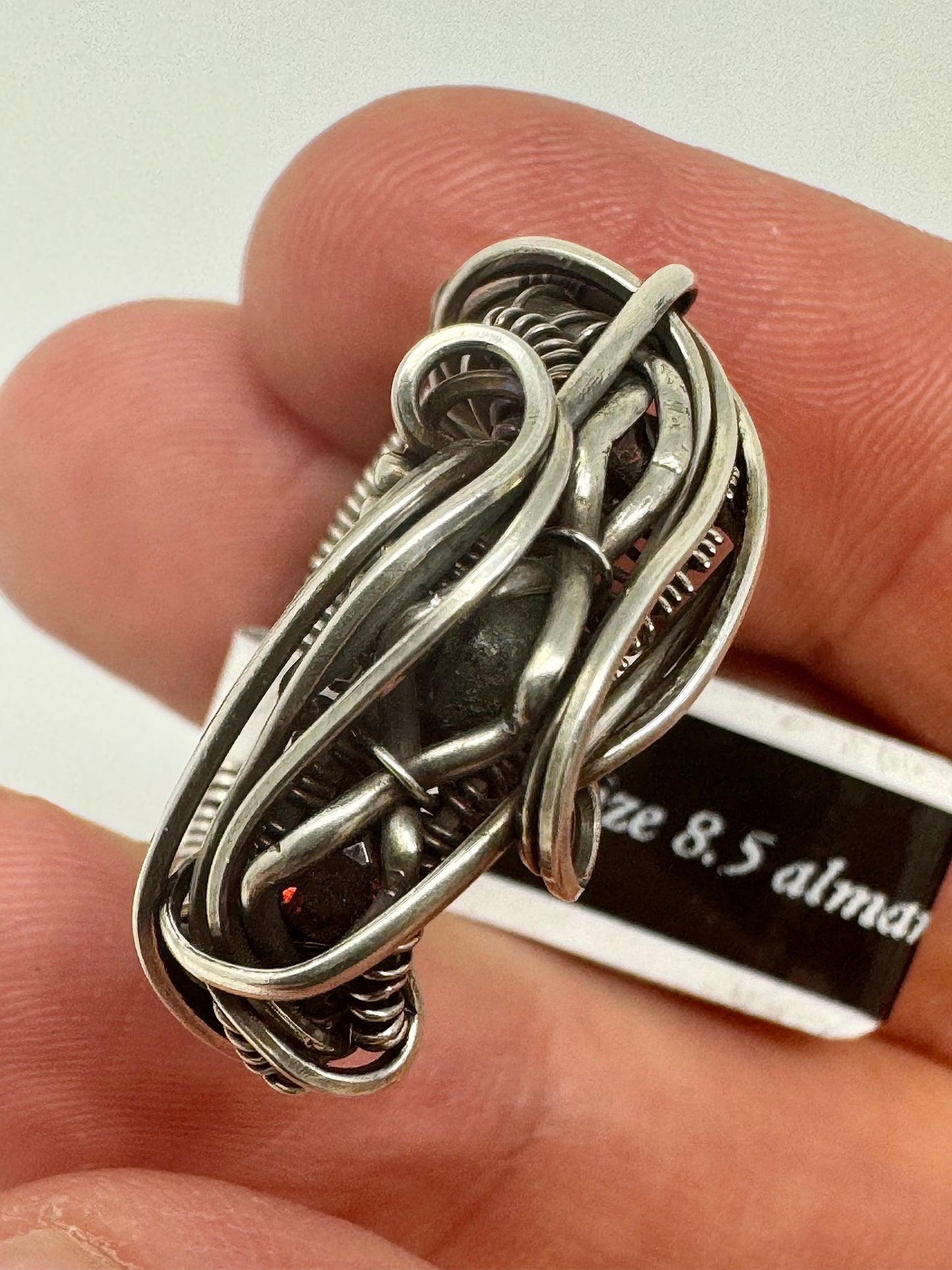 Handmade Ring - Genuine Chelyabinsk Meteorite, Two Almandine Garnets + Sterling Silver - Size 8.5 - One of a Kind