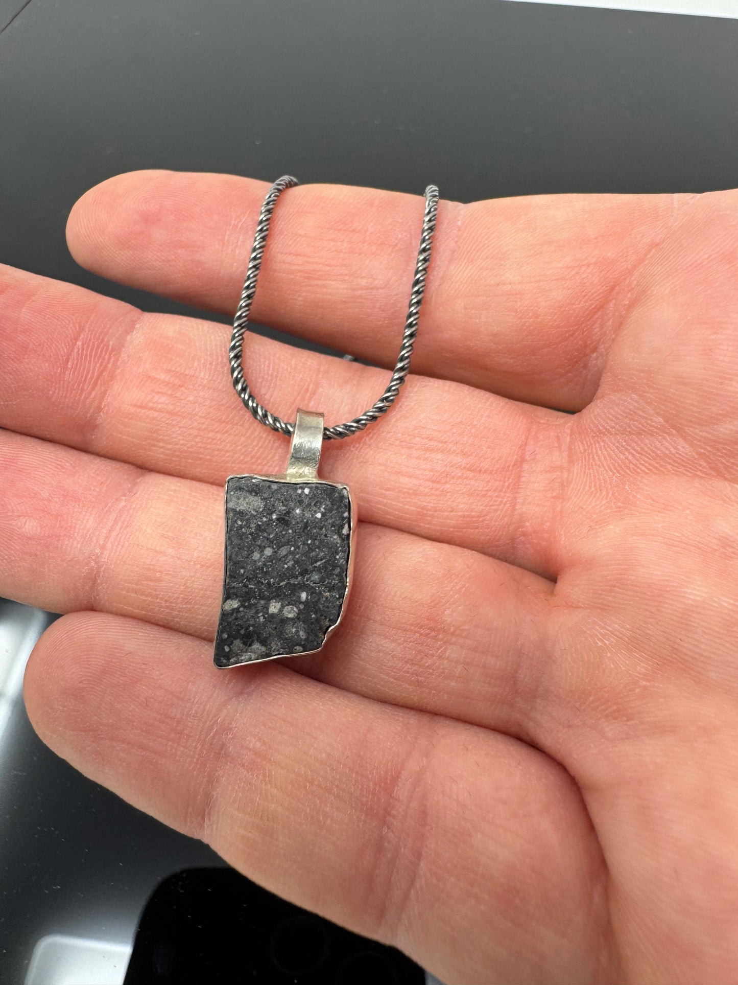 The Surface of the Moon Collection:
Genuine NWA 17679 Lunar Meteorite Silver Necklace - Handmade - One of a Kind