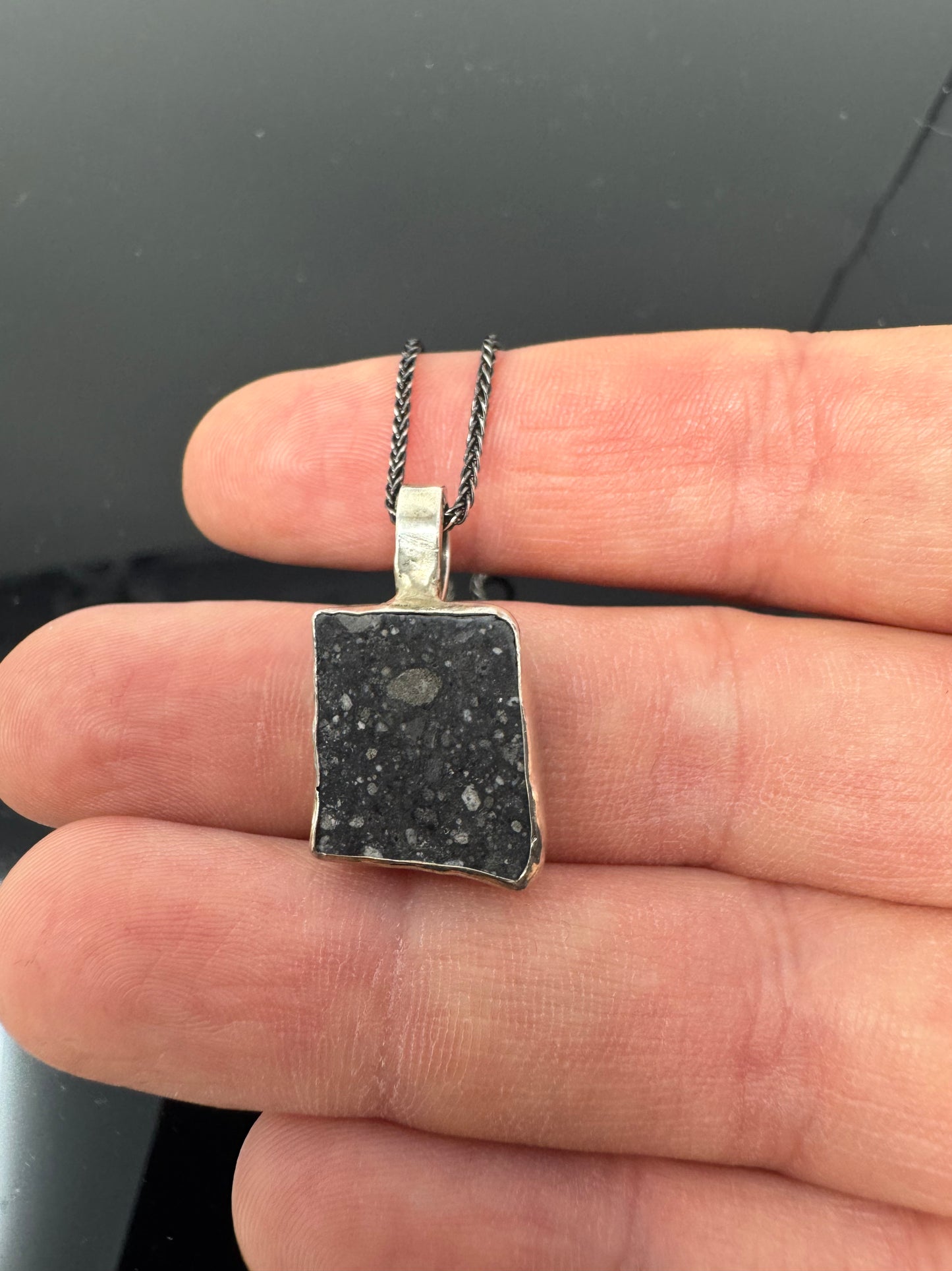 The Surface of the Moon Collection:
Genuine NWA 17679 Lunar Meteorite Silver Necklace - Handmade - One of a Kind