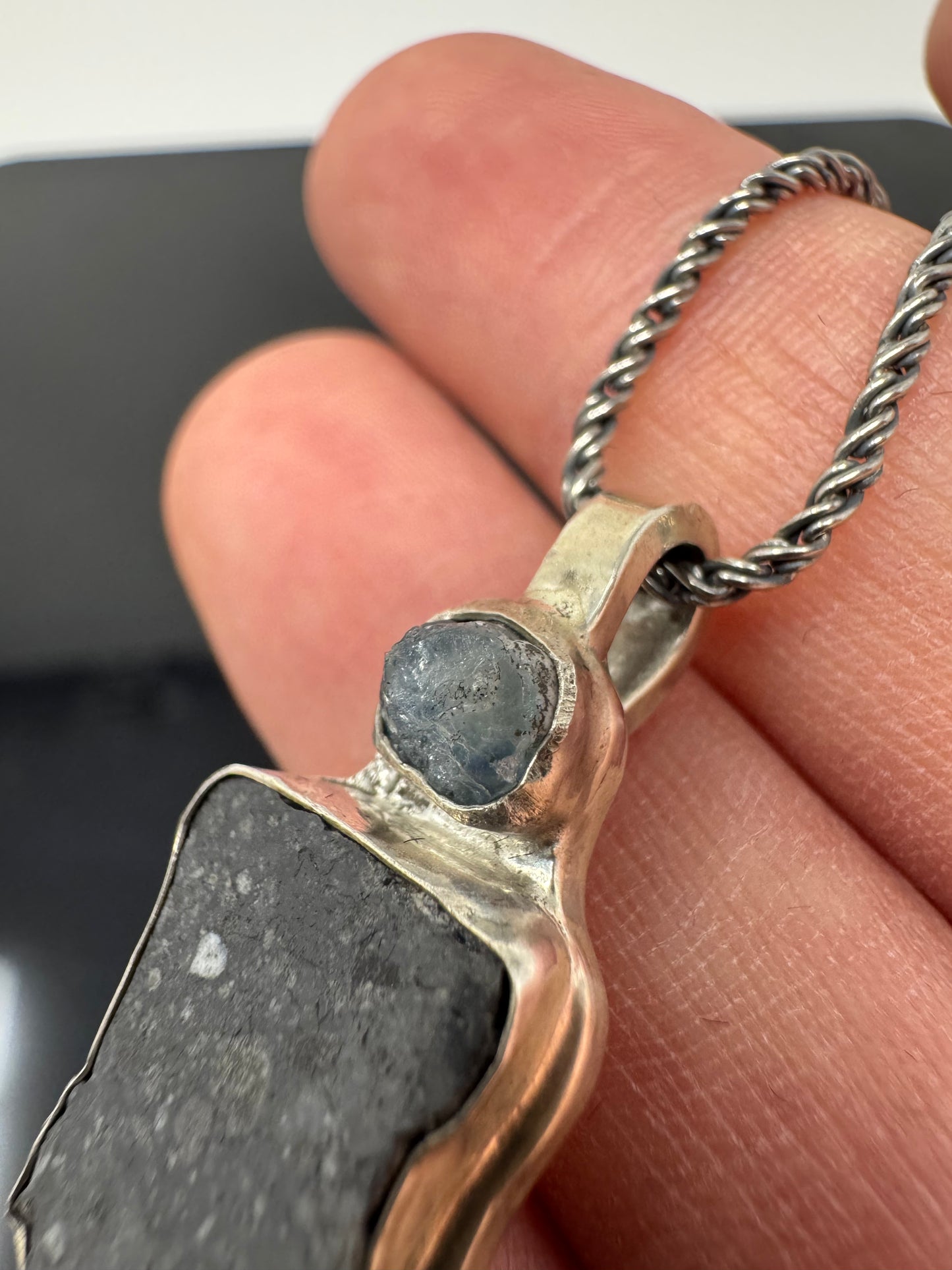 The Surface of the Moon Collection:
Genuine NWA 17679 Lunar Meteorite Silver Necklace w/ Raw Montana Sapphire - Handmade - One of a Kind
