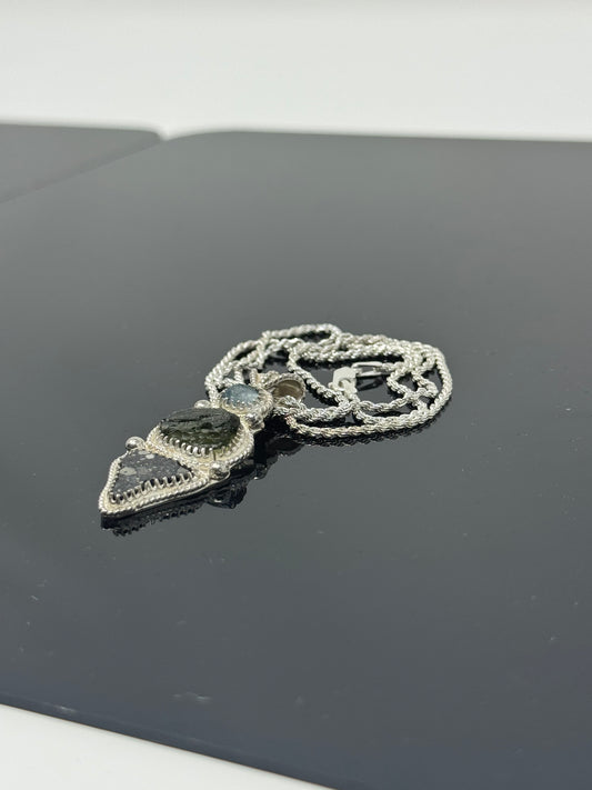 The Surface of the Moon Collection: 
Stunning Genuine NWA 17679 Lunar Meteorite Silver Necklace w/ Raw Montana Sapphire and Moldavite - Handmade - One of a Kind!