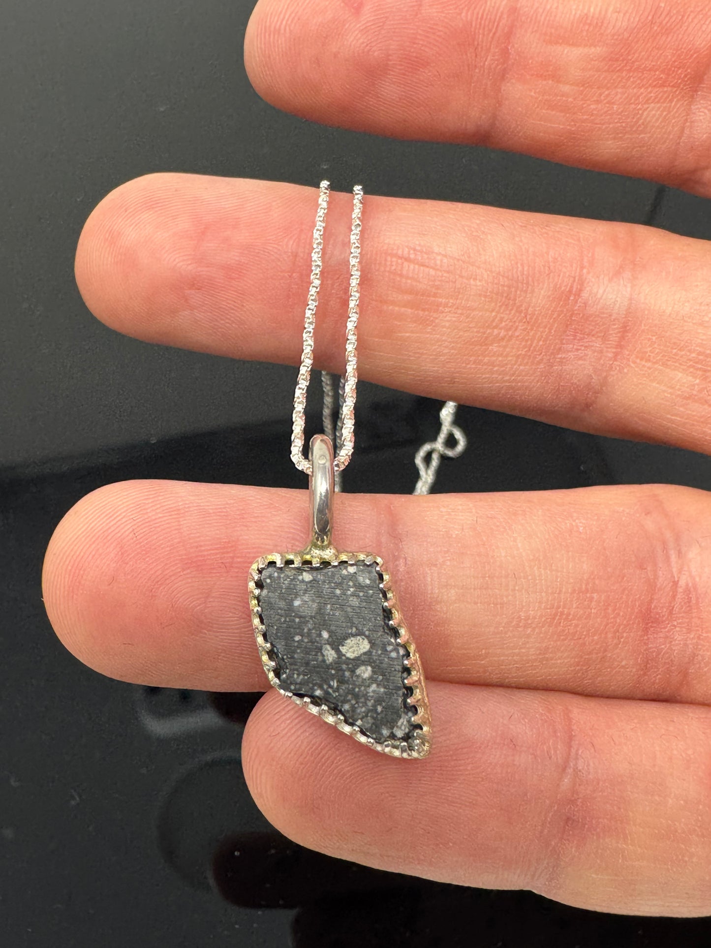 The Surface of the Moon Collection:
Genuine NWA 17679 Lunar Meteorite Silver Necklace - Handmade - One of a Kind