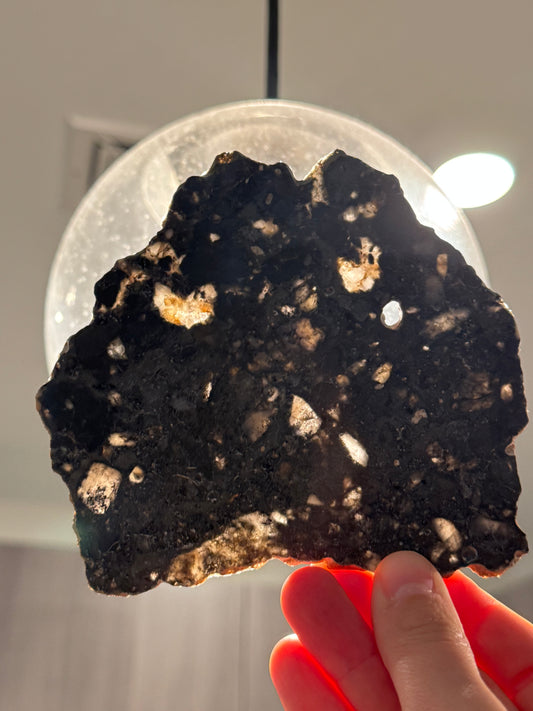 “The Halloween Face” Translucent Lunar Troctolitic Melt - 72.1g Full Slice - Rare Lunar Meteorite with Glowing Clasts