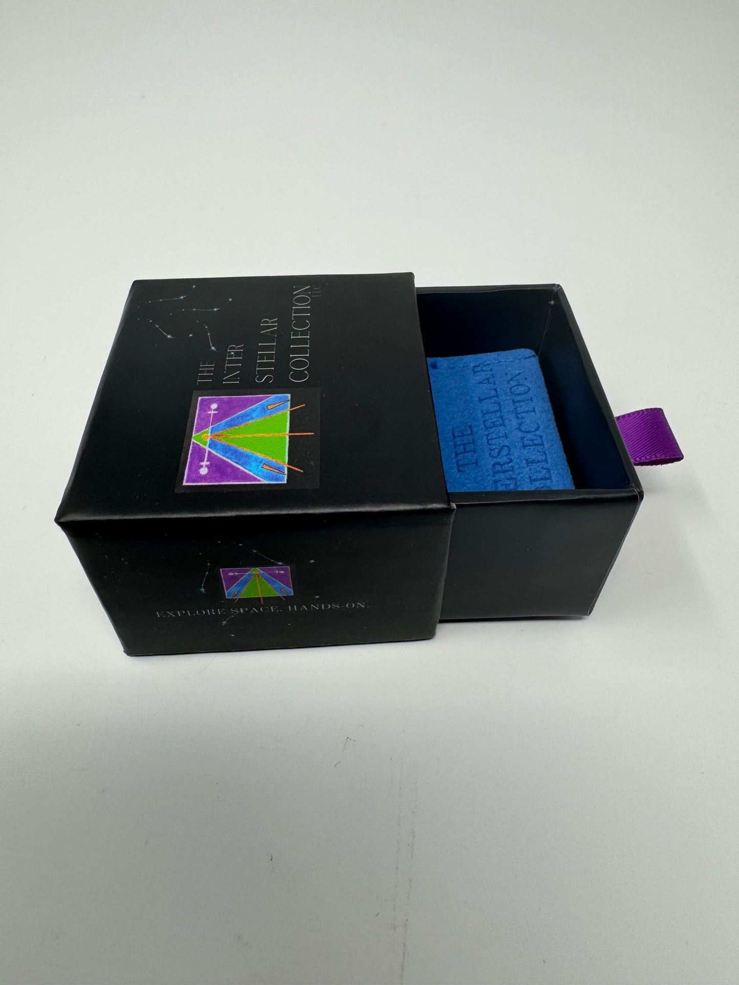 Small Jewelry Box with Imprinted Blue Suede Pouch