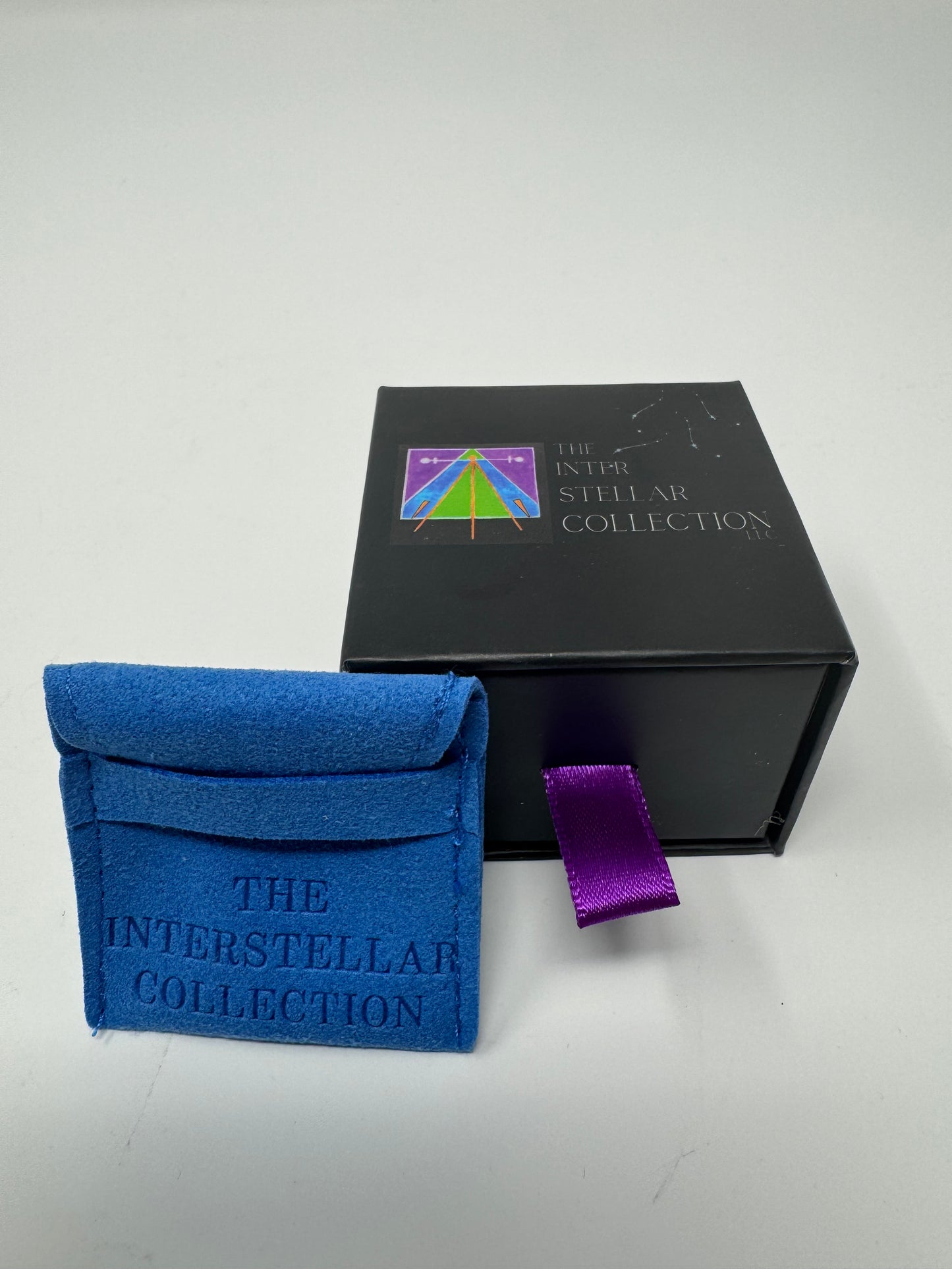 Small Jewelry Box with Imprinted Blue Suede Pouch