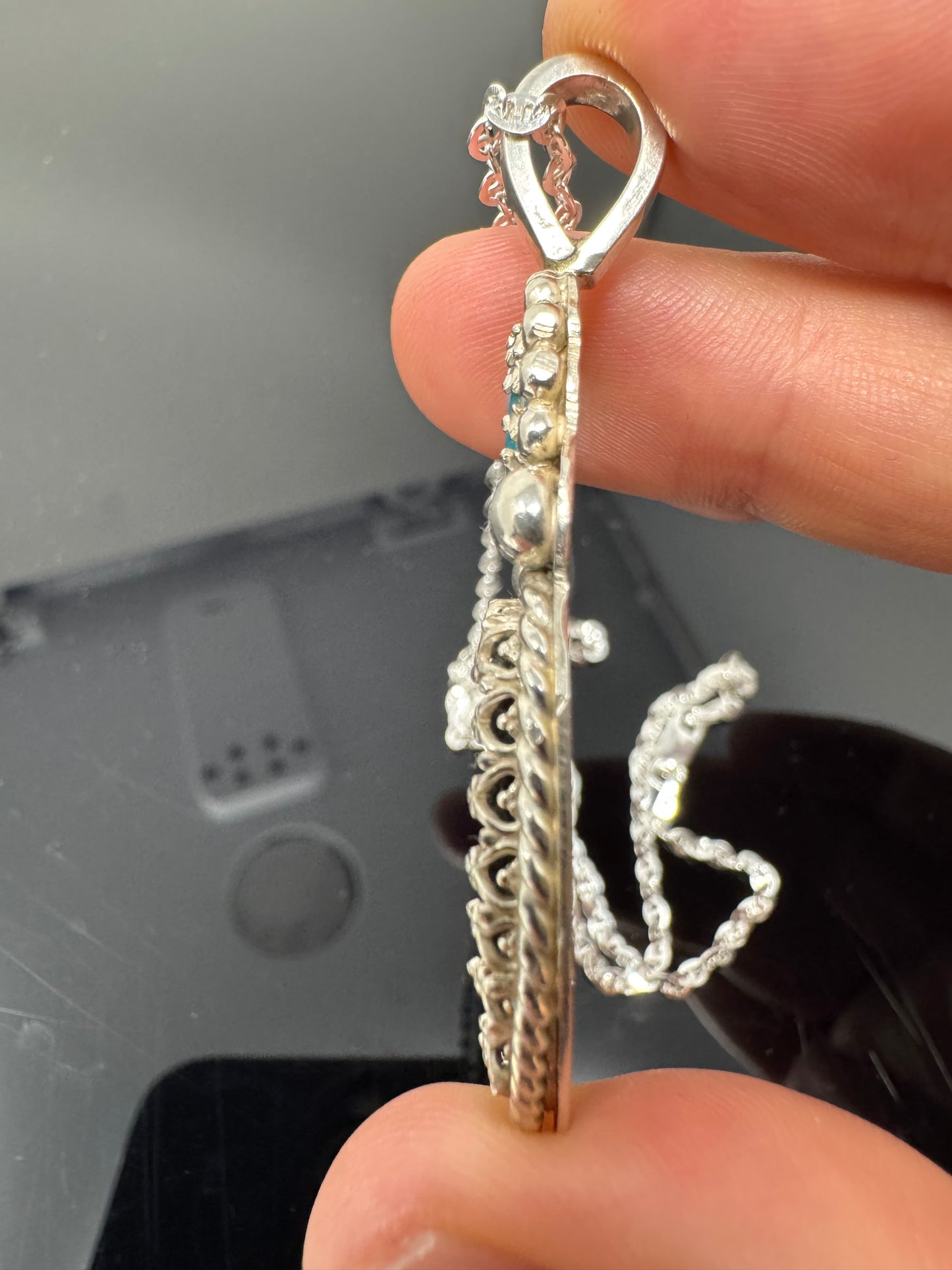 Surface of the Moon Collection: NWA 12949 Mesosiderite Meteorite (Asteroid) w/ Turquoise - .925 Silver Necklace + Chain - Handmade/One of a Kind - Genuine Lunar Dust Mixed In Silver w/ COA