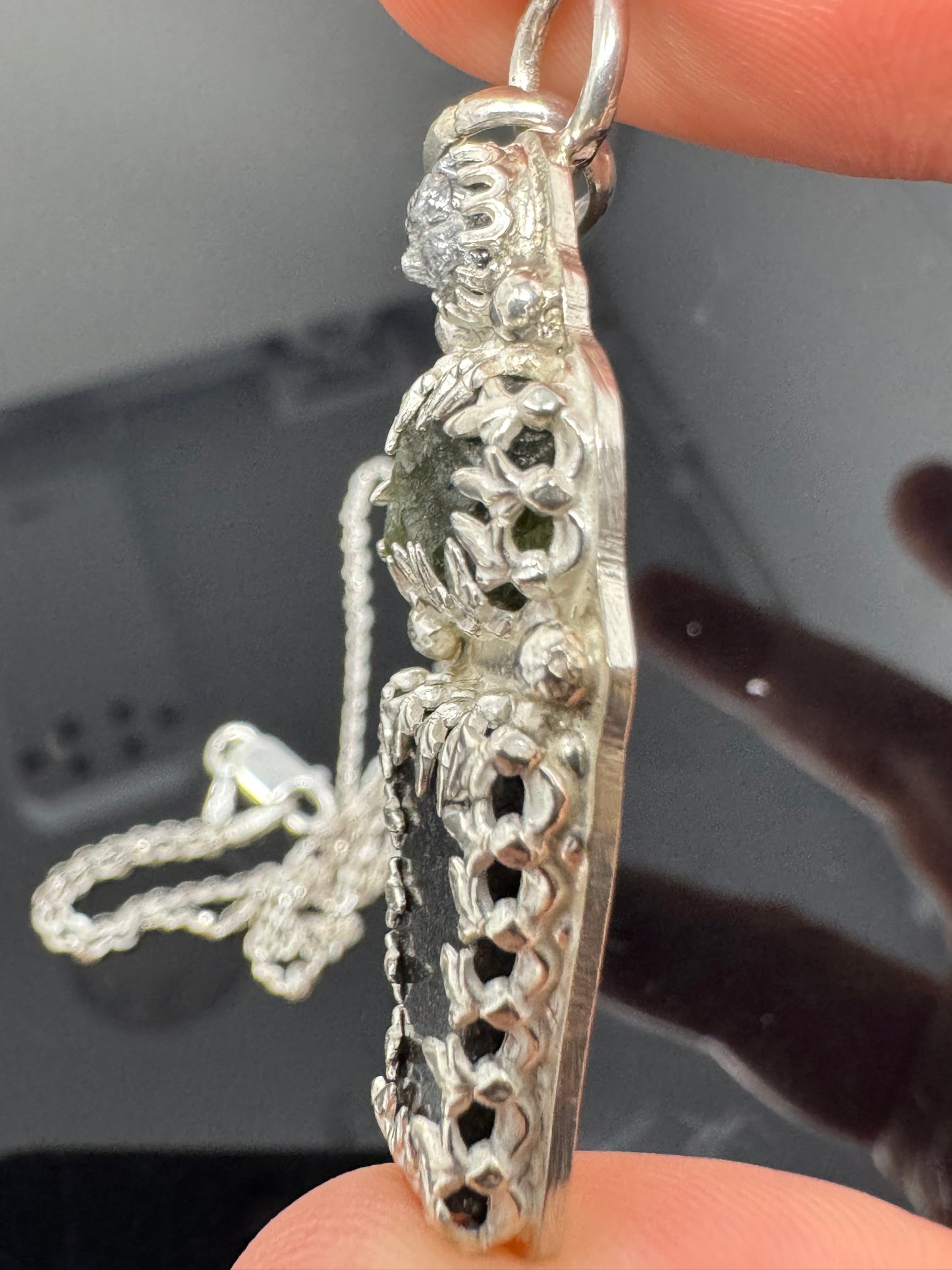 Surface of the Moon Collection: TASSÉDET 004 Meteorite (Asteroid) + Moldavite and Raw Diamond - Silver .925 Necklace and Chain - Handmade - One of a Kind - Genuine Lunar Dust Mixed In Silver w/ COA