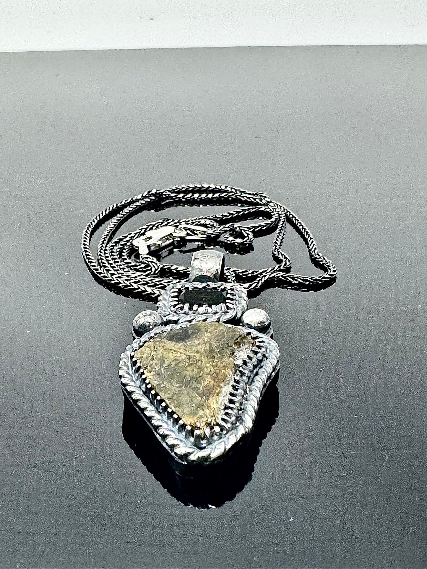Surface of the Moon Collection:  NWA 7831 Diogenite Meteorite (Asteroid Vesta) w/ Faceted Moldavite - Silver Necklace + Chain - Handmade - One of a Kind - Genuine Lunar Dust Mixed In Silver w/ COA
