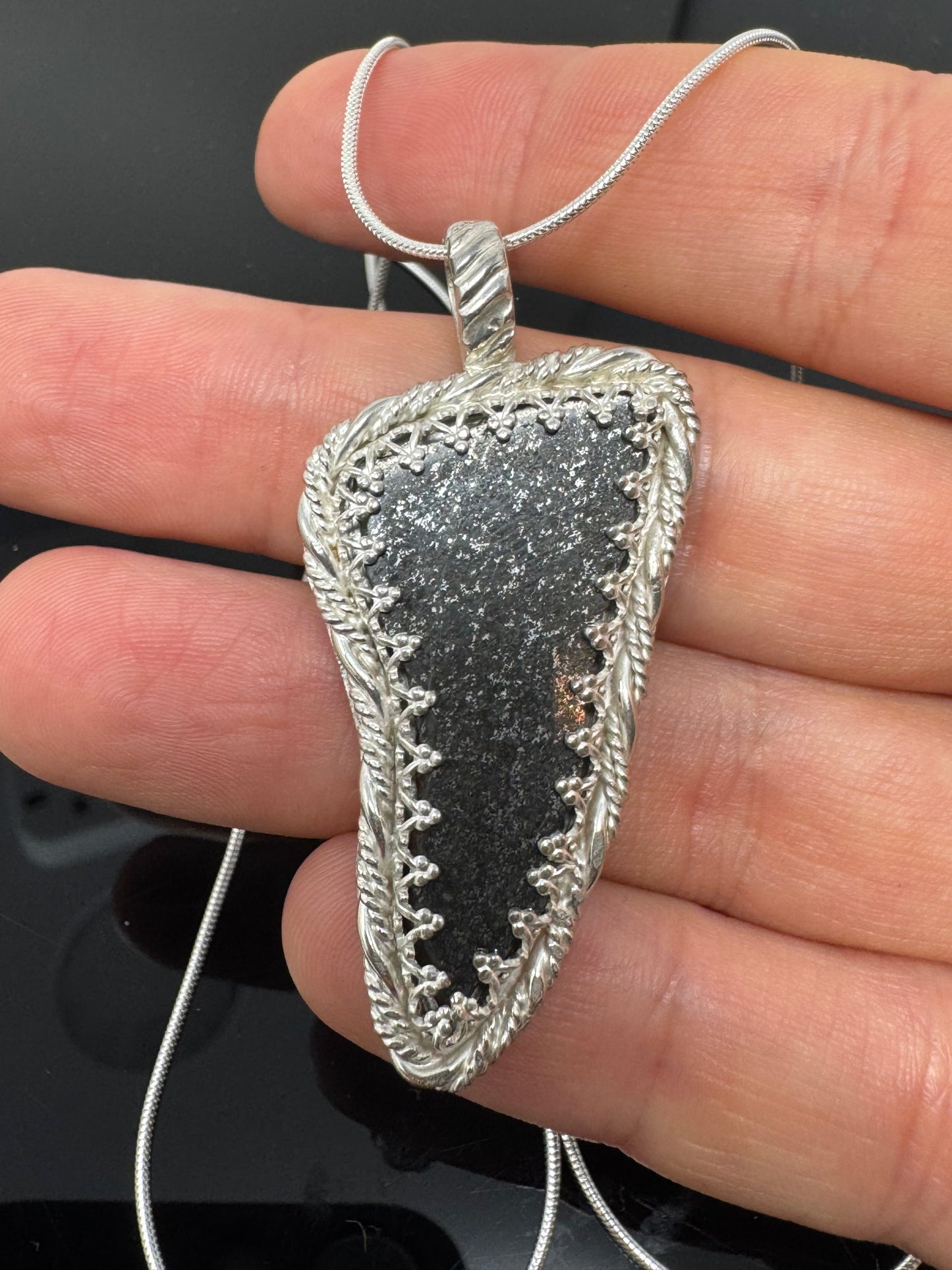 Surface of the Moon Collection: TASSÉDET 004 Meteorite (Asteroid) - Silver .925 Necklace + Chain - Handmade - One of a Kind - Genuine Lunar Dust Mixed In Silver w/ COA