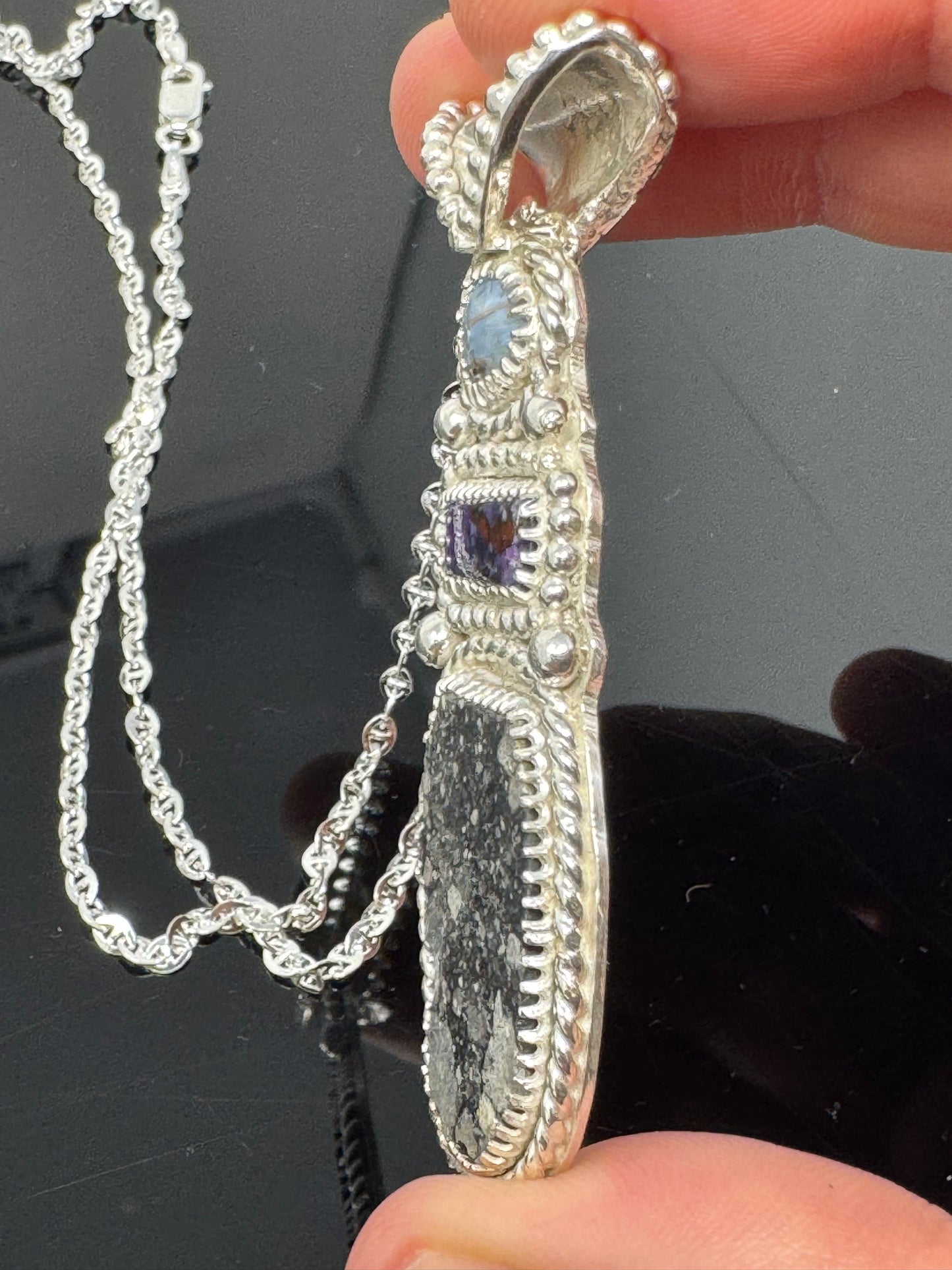 Surface of the Moon Collection: Genuine NWA 17679 Lunar Meteorite + Pietersite and Sugilite in .925 Silver Necklace - Handmade/One of a Kind w/ Lunar Dust Infused Silver - Comes with COA