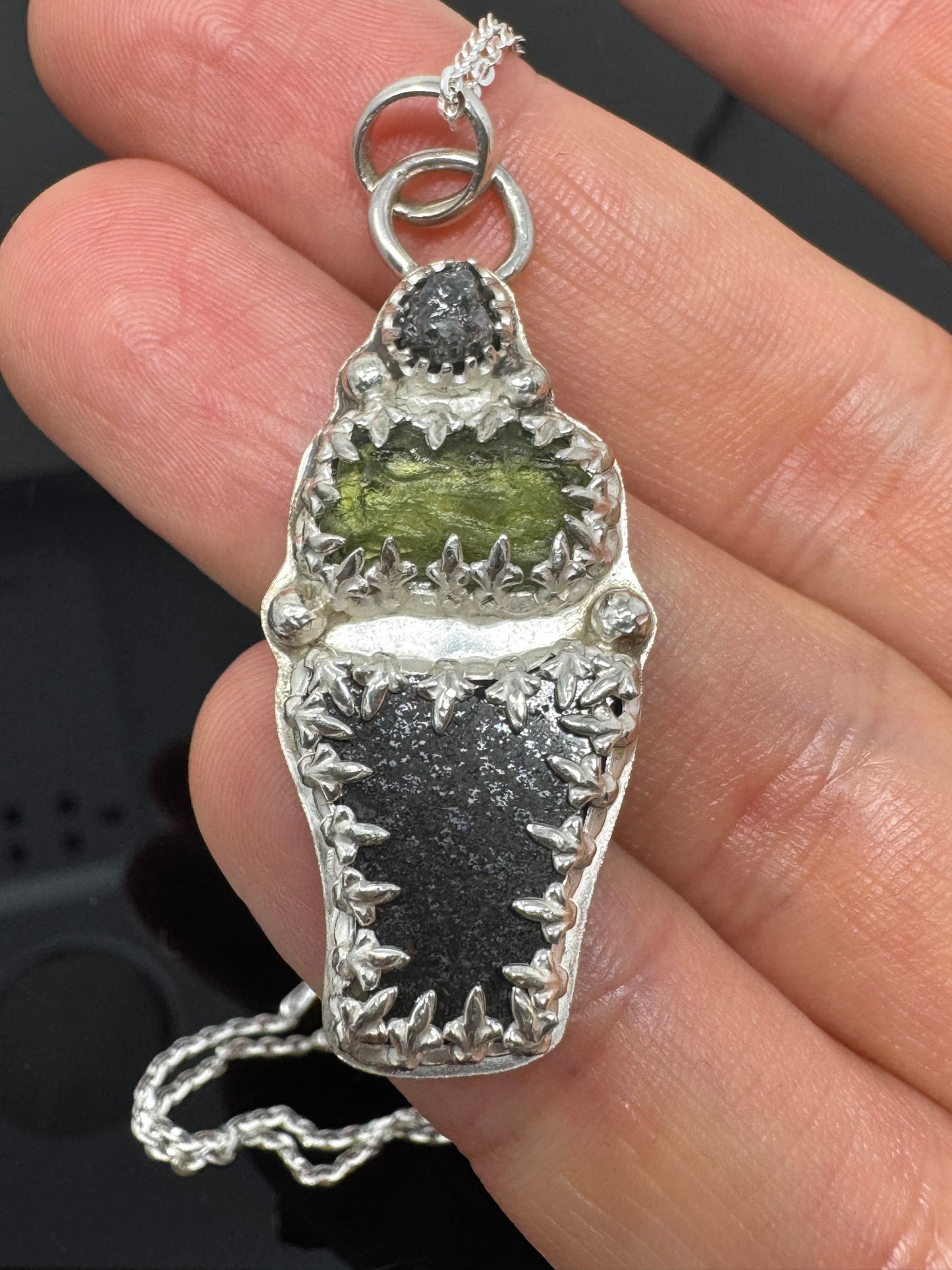 Surface of the Moon Collection: TASSÉDET 004 Meteorite (Asteroid) + Moldavite and Raw Diamond - Silver .925 Necklace and Chain - Handmade - One of a Kind - Genuine Lunar Dust Mixed In Silver w/ COA