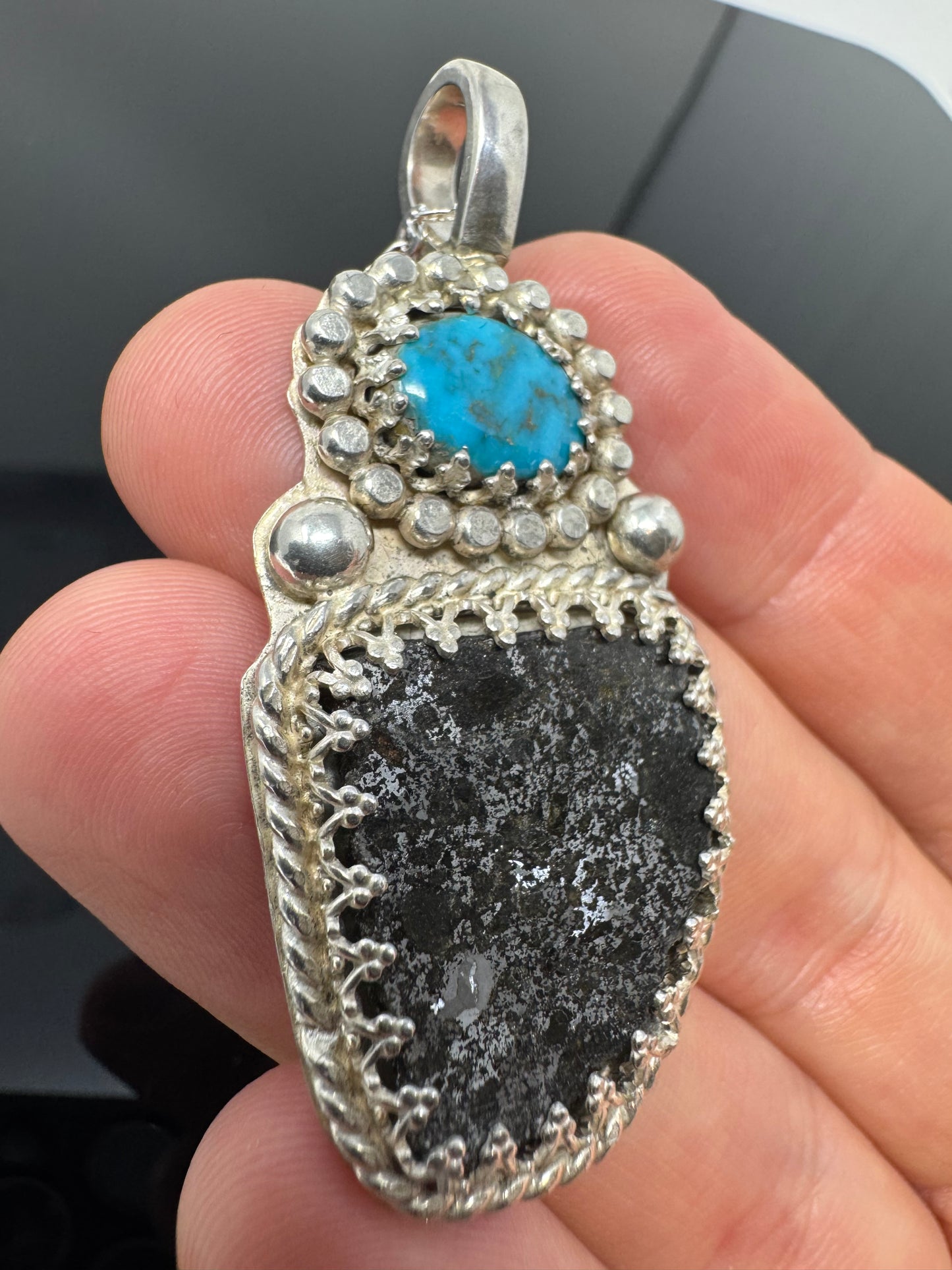 Surface of the Moon Collection: NWA 12949 Mesosiderite Meteorite (Asteroid) w/ Turquoise - .925 Silver Necklace + Chain - Handmade/One of a Kind - Genuine Lunar Dust Mixed In Silver w/ COA
