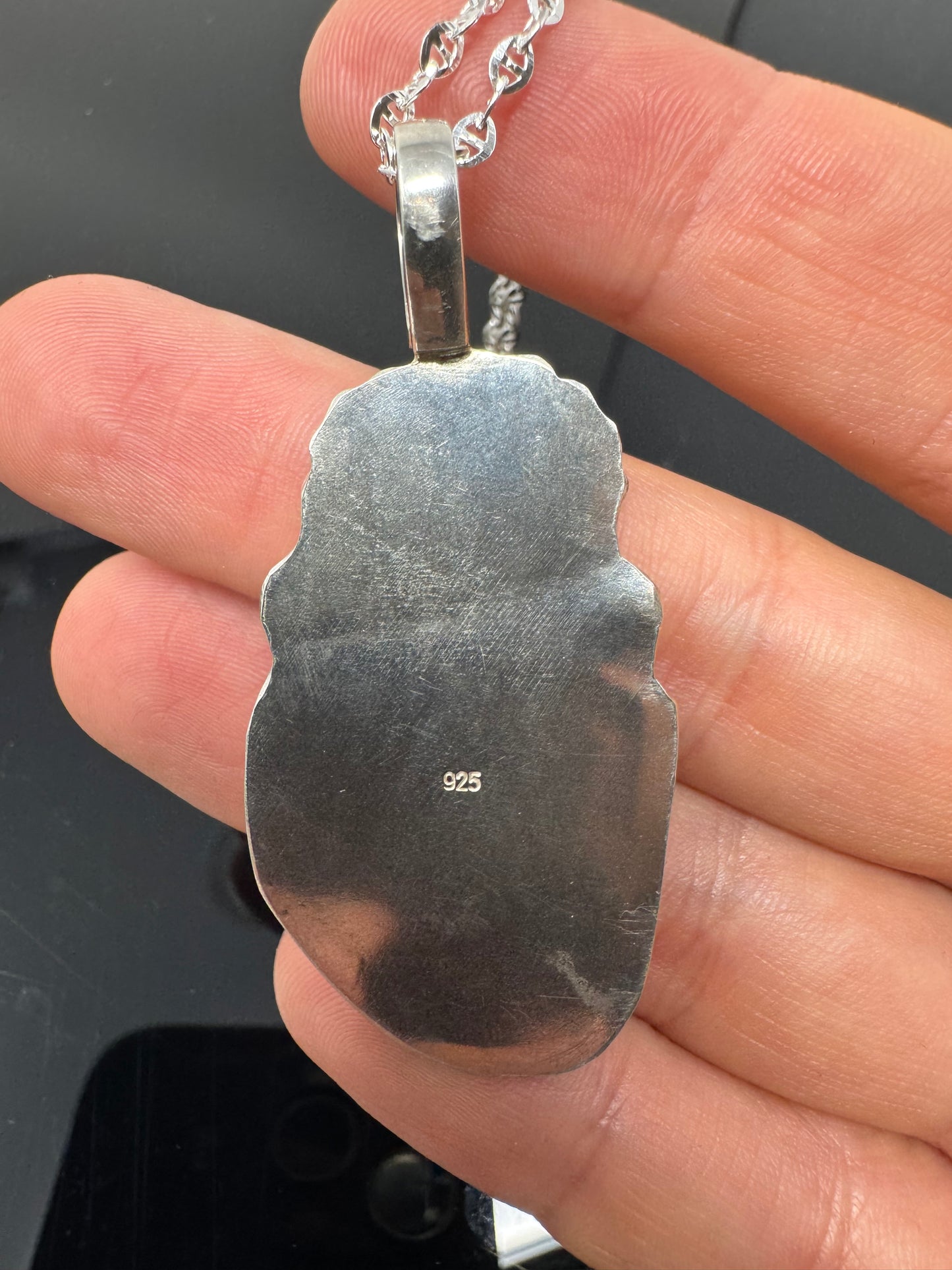 Surface of the Moon Collection: NWA 12949 Mesosiderite Meteorite (Asteroid) w/ Turquoise - .925 Silver Necklace + Chain - Handmade/One of a Kind - Genuine Lunar Dust Mixed In Silver w/ COA