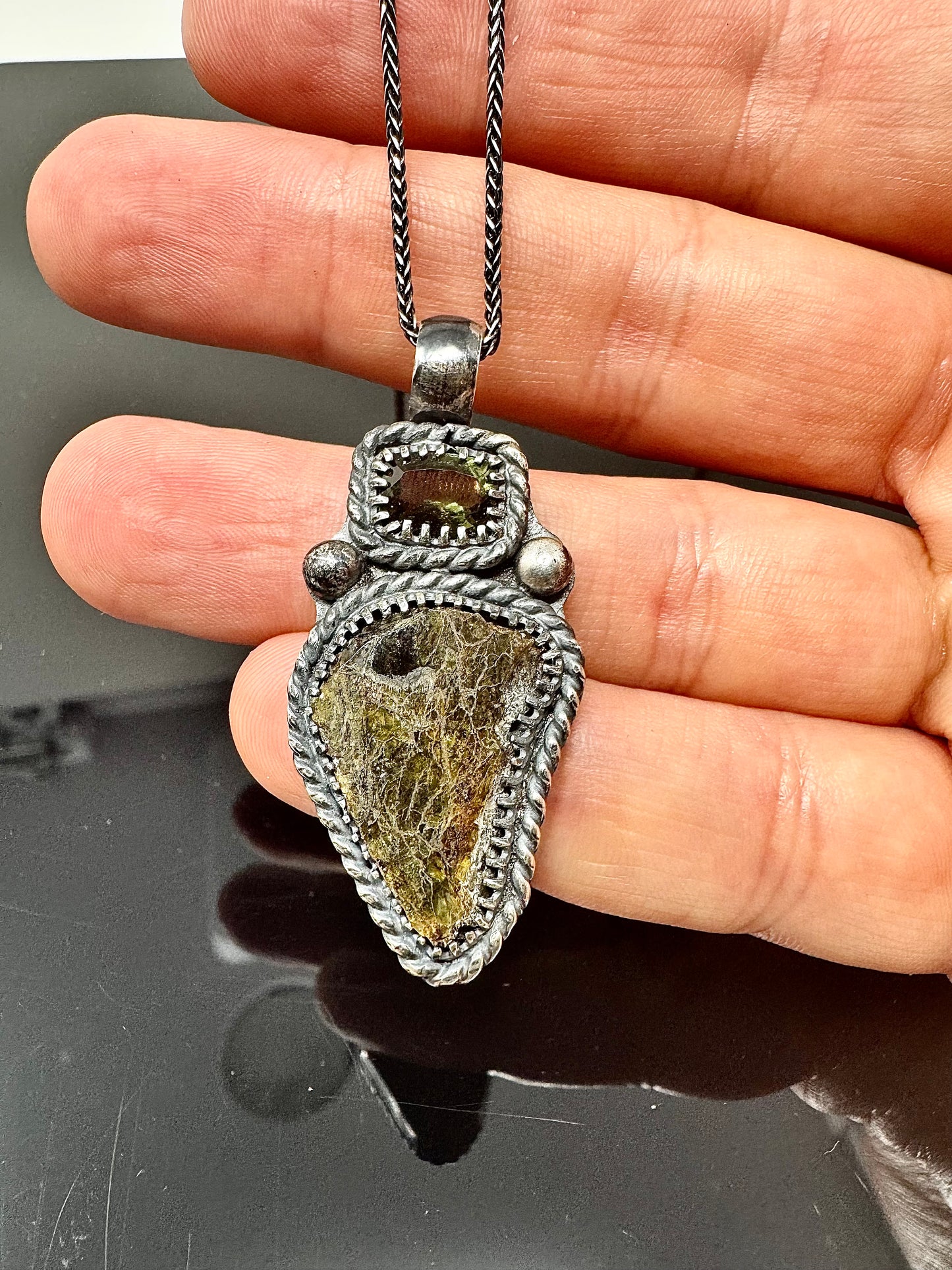 Surface of the Moon Collection:  NWA 7831 Diogenite Meteorite (Asteroid Vesta) w/ Faceted Moldavite - Silver Necklace + Chain - Handmade - One of a Kind - Genuine Lunar Dust Mixed In Silver w/ COA