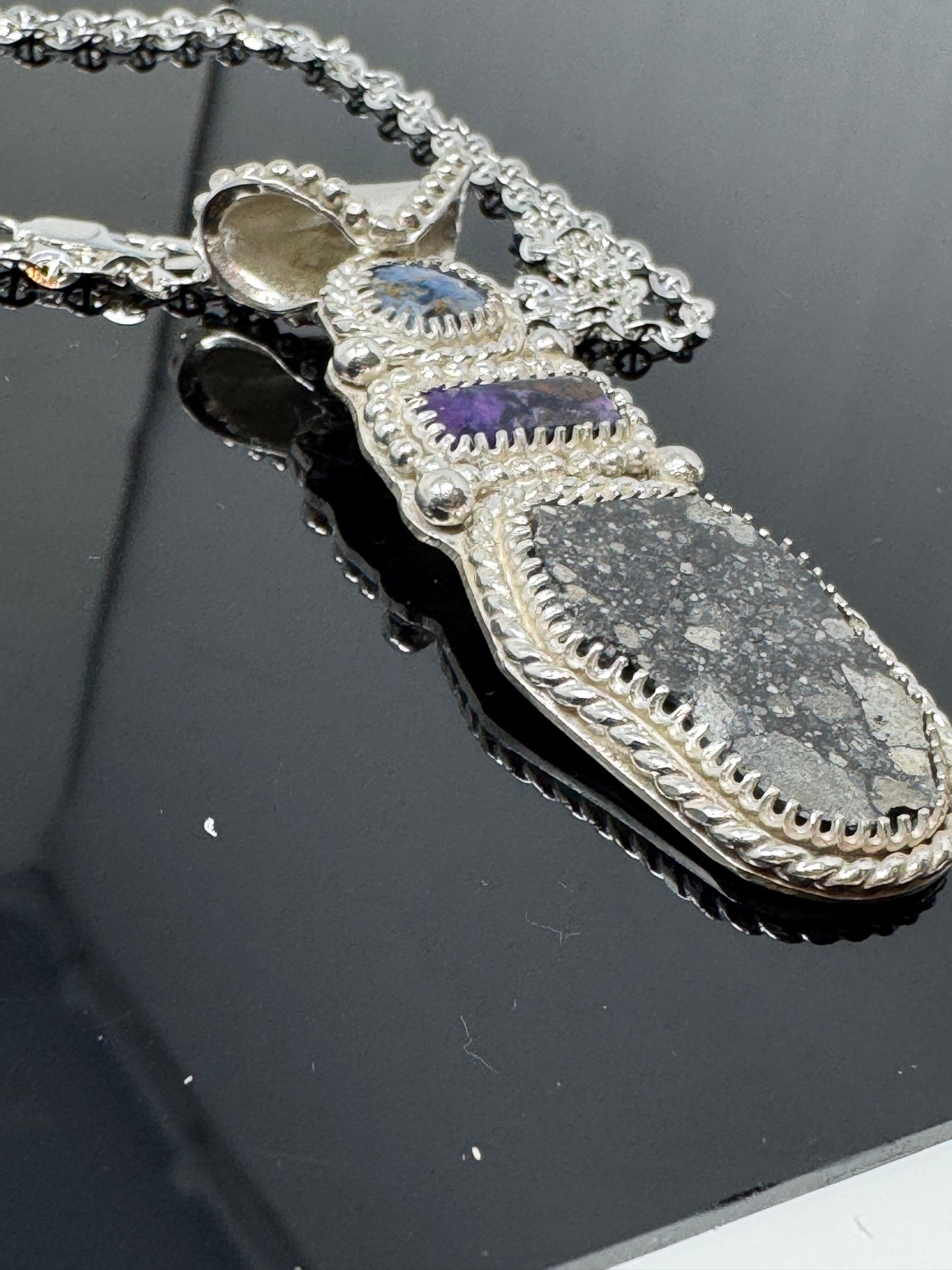 Surface of the Moon Collection: Genuine NWA 17679 Lunar Meteorite + Pietersite and Sugilite in .925 Silver Necklace - Handmade/One of a Kind w/ Lunar Dust Infused Silver - Comes with COA