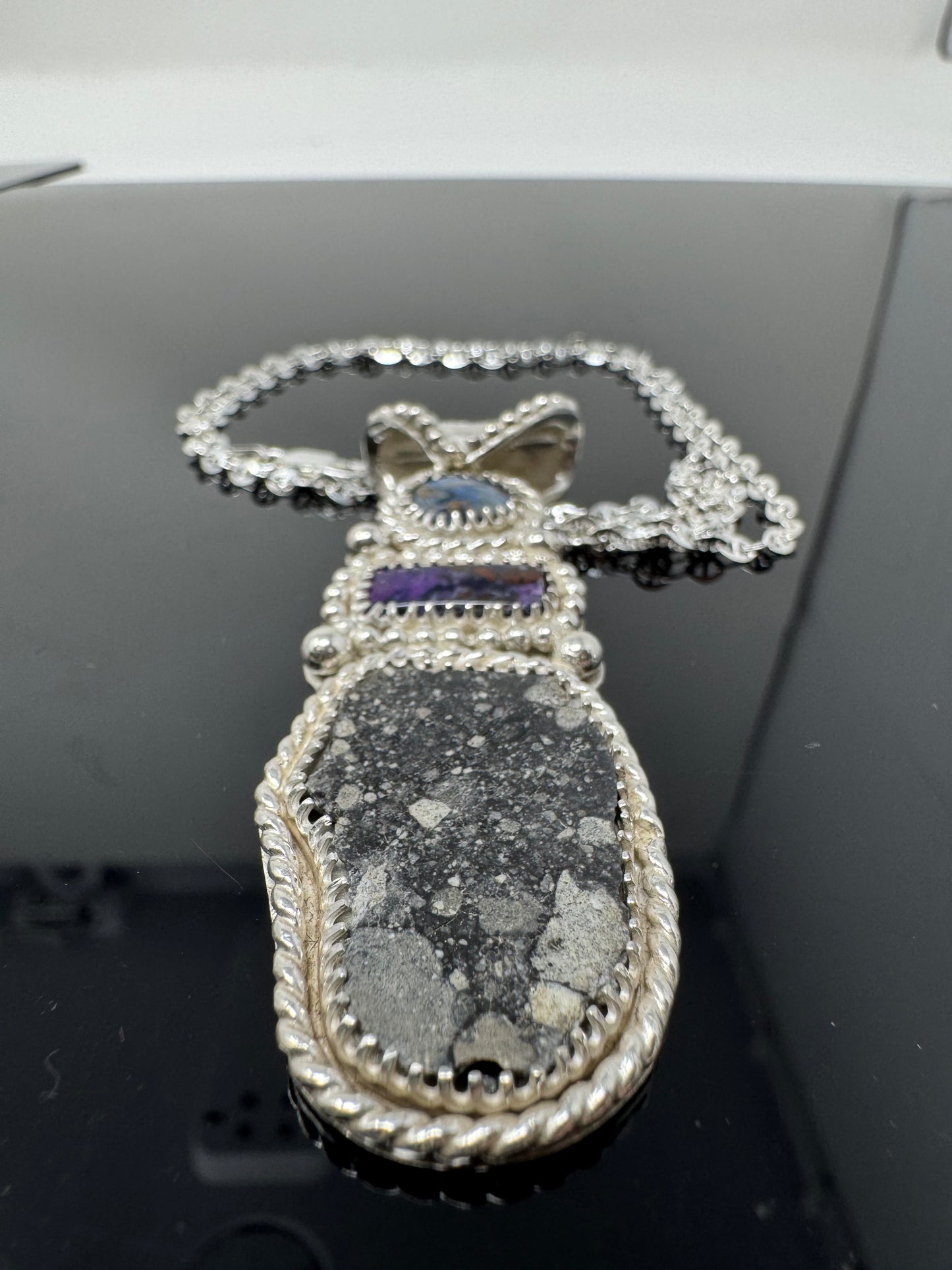 Surface of the Moon Collection: Genuine NWA 17679 Lunar Meteorite + Pietersite and Sugilite in .925 Silver Necklace - Handmade/One of a Kind w/ Lunar Dust Infused Silver - Comes with COA