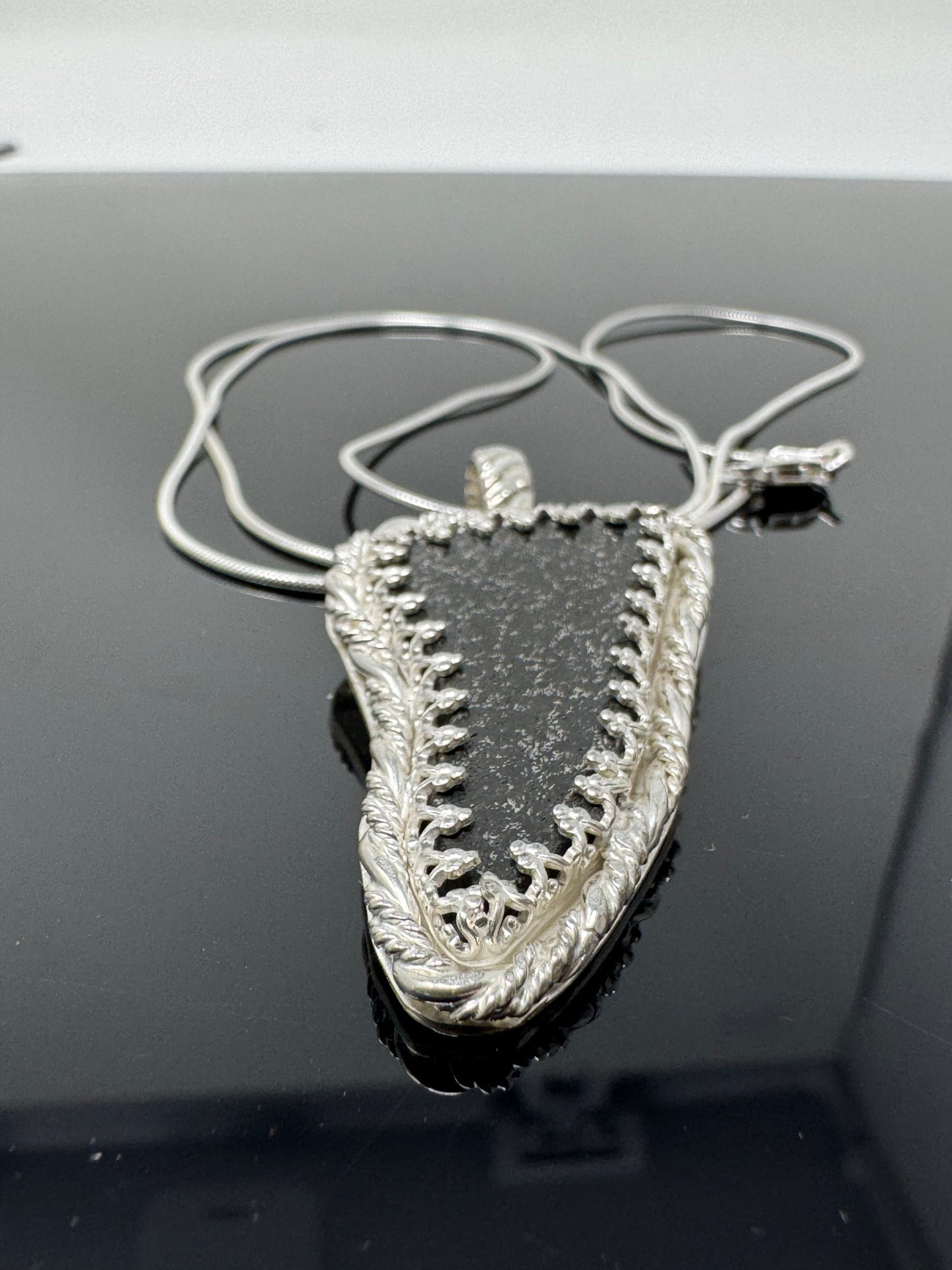 Surface of the Moon Collection: TASSÉDET 004 Meteorite (Asteroid) - Silver .925 Necklace + Chain - Handmade - One of a Kind - Genuine Lunar Dust Mixed In Silver w/ COA