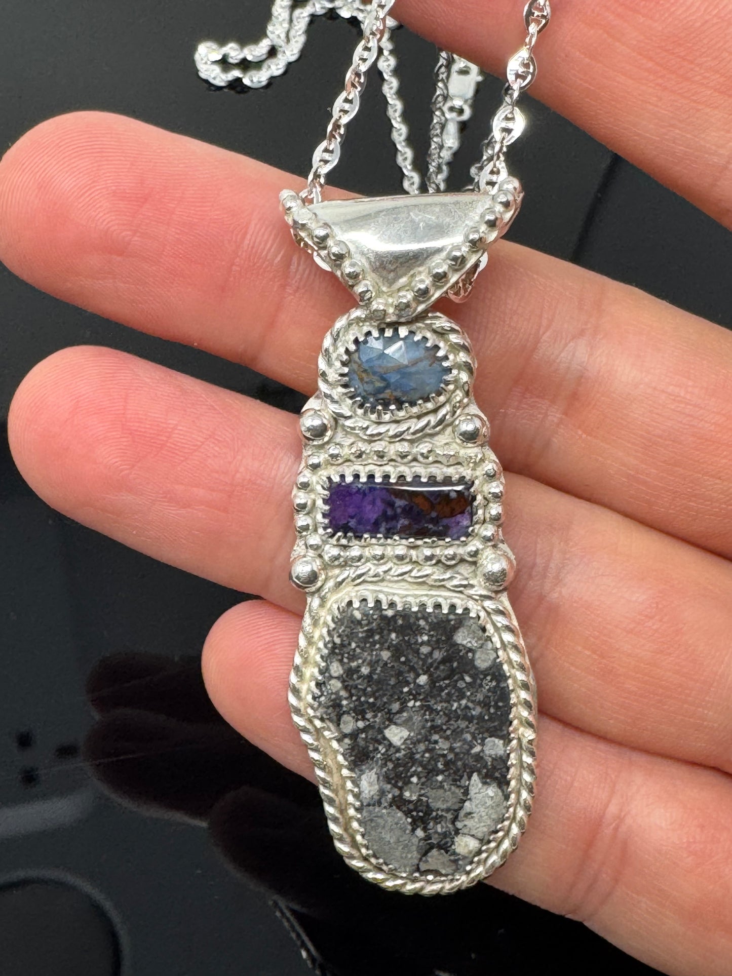 Surface of the Moon Collection: Genuine NWA 17679 Lunar Meteorite + Pietersite and Sugilite in .925 Silver Necklace - Handmade/One of a Kind w/ Lunar Dust Infused Silver - Comes with COA