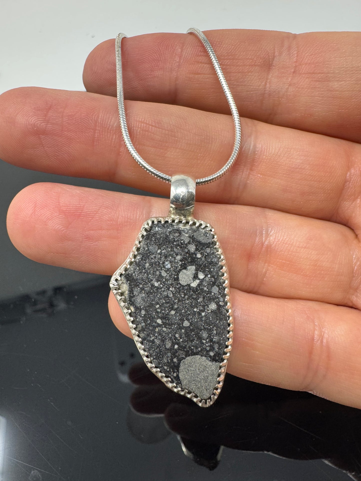 Surface of the Moon Collection: Genuine NWA 17679 Lunar Meteorite .925 Silver Necklace - Handmade/One of a Kind w/ Lunar Dust Infused Silver - Comes with COA