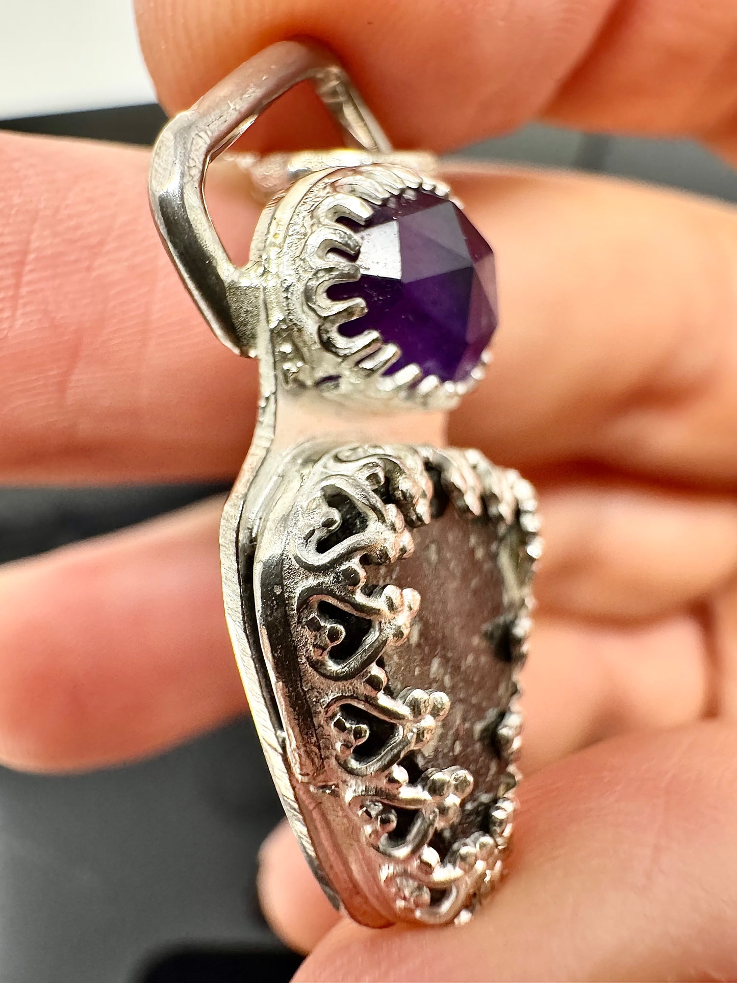 Surface of the Moon Collection: Diogenite Meteorite (Asteroid Vesta) w/ Faceted Amethyst- .925 Silver Necklace + Chain - Handmade/One of a Kind - Genuine Lunar Dust Mixed In Silver w/ COA