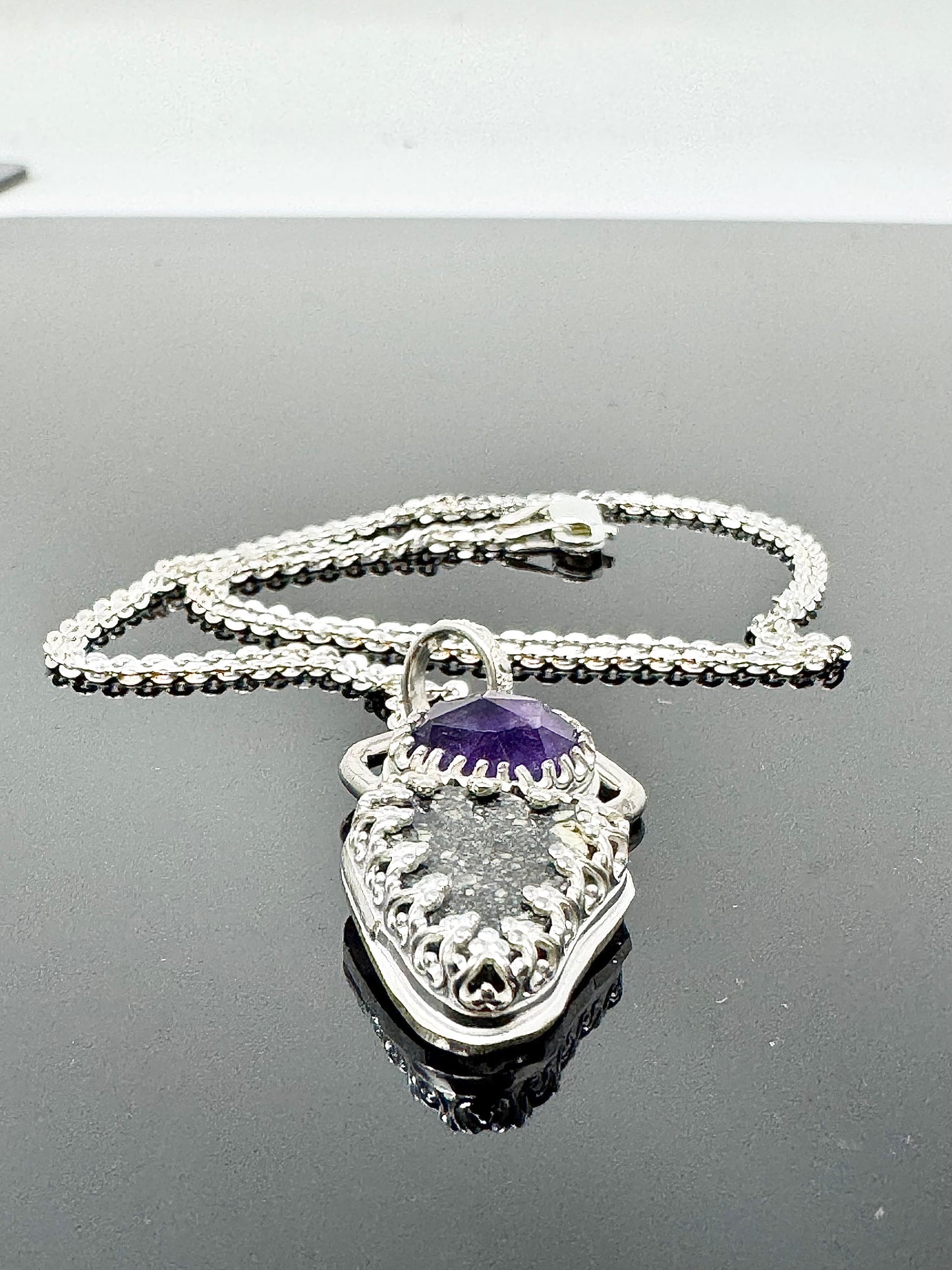 Surface of the Moon Collection: Diogenite Meteorite (Asteroid Vesta) w/ Faceted Amethyst- .925 Silver Necklace + Chain - Handmade/One of a Kind - Genuine Lunar Dust Mixed In Silver w/ COA