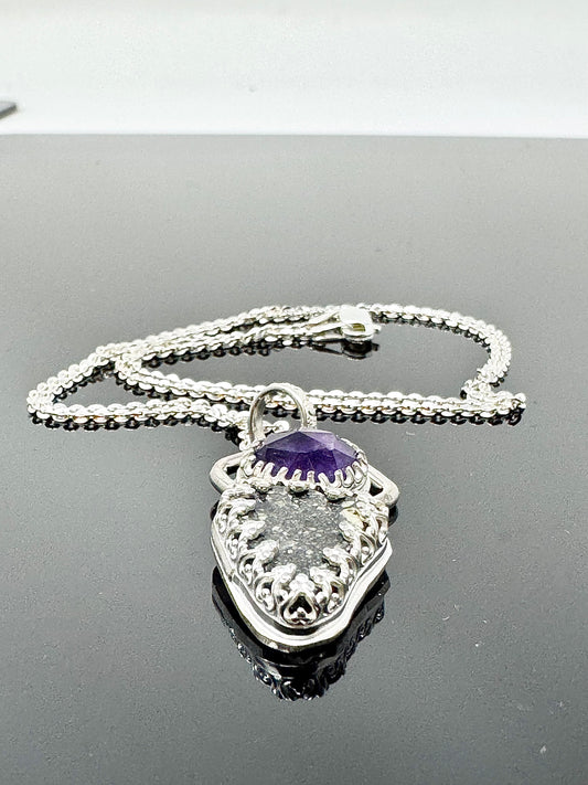 Surface of the Moon Collection: Diogenite Meteorite (Asteroid Vesta) w/ Faceted Amethyst- .925 Silver Necklace + Chain - Handmade/One of a Kind - Genuine Lunar Dust Mixed In Silver w/ COA