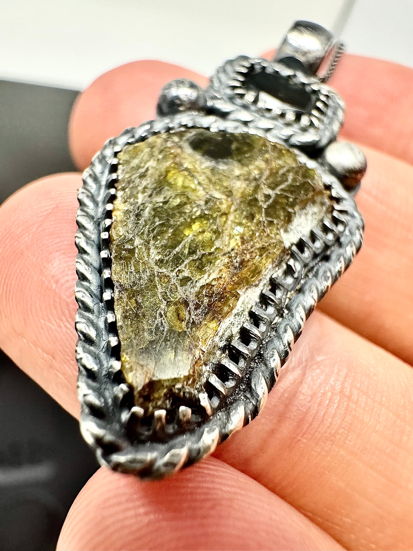 Surface of the Moon Collection:  NWA 7831 Diogenite Meteorite (Asteroid Vesta) w/ Faceted Moldavite - Silver Necklace + Chain - Handmade - One of a Kind - Genuine Lunar Dust Mixed In Silver w/ COA