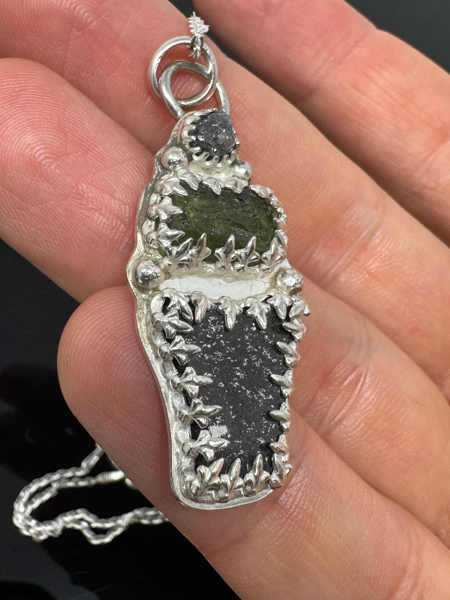 Surface of the Moon Collection: TASSÉDET 004 Meteorite (Asteroid) + Moldavite and Raw Diamond - Silver .925 Necklace and Chain - Handmade - One of a Kind - Genuine Lunar Dust Mixed In Silver w/ COA