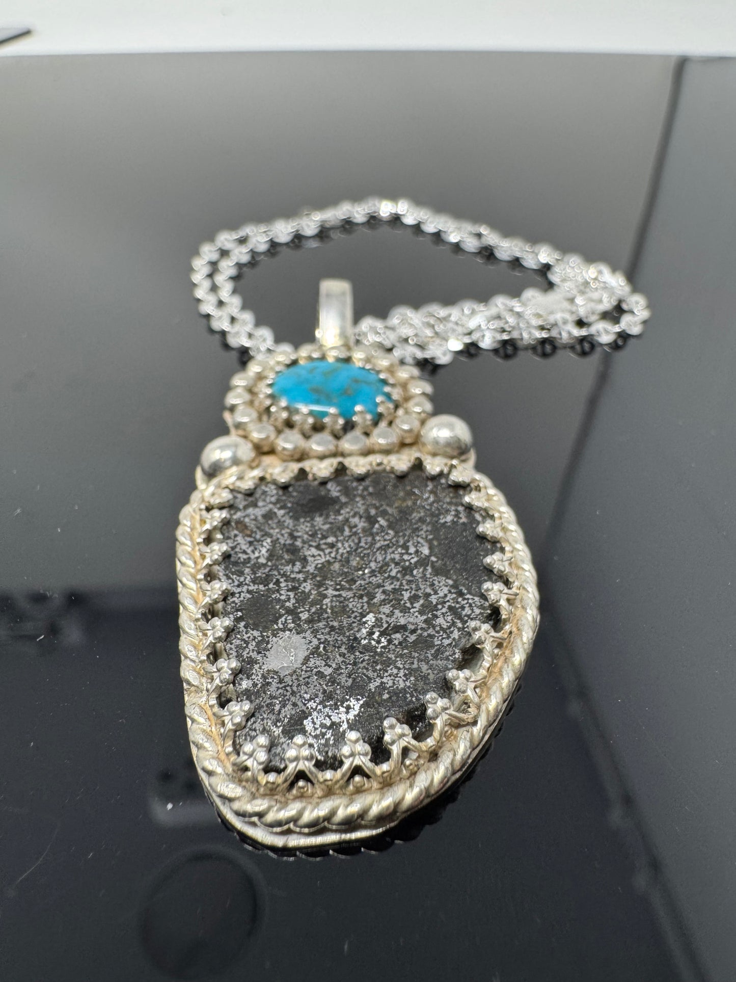 Surface of the Moon Collection: NWA 12949 Mesosiderite Meteorite (Asteroid) w/ Turquoise - .925 Silver Necklace + Chain - Handmade/One of a Kind - Genuine Lunar Dust Mixed In Silver w/ COA
