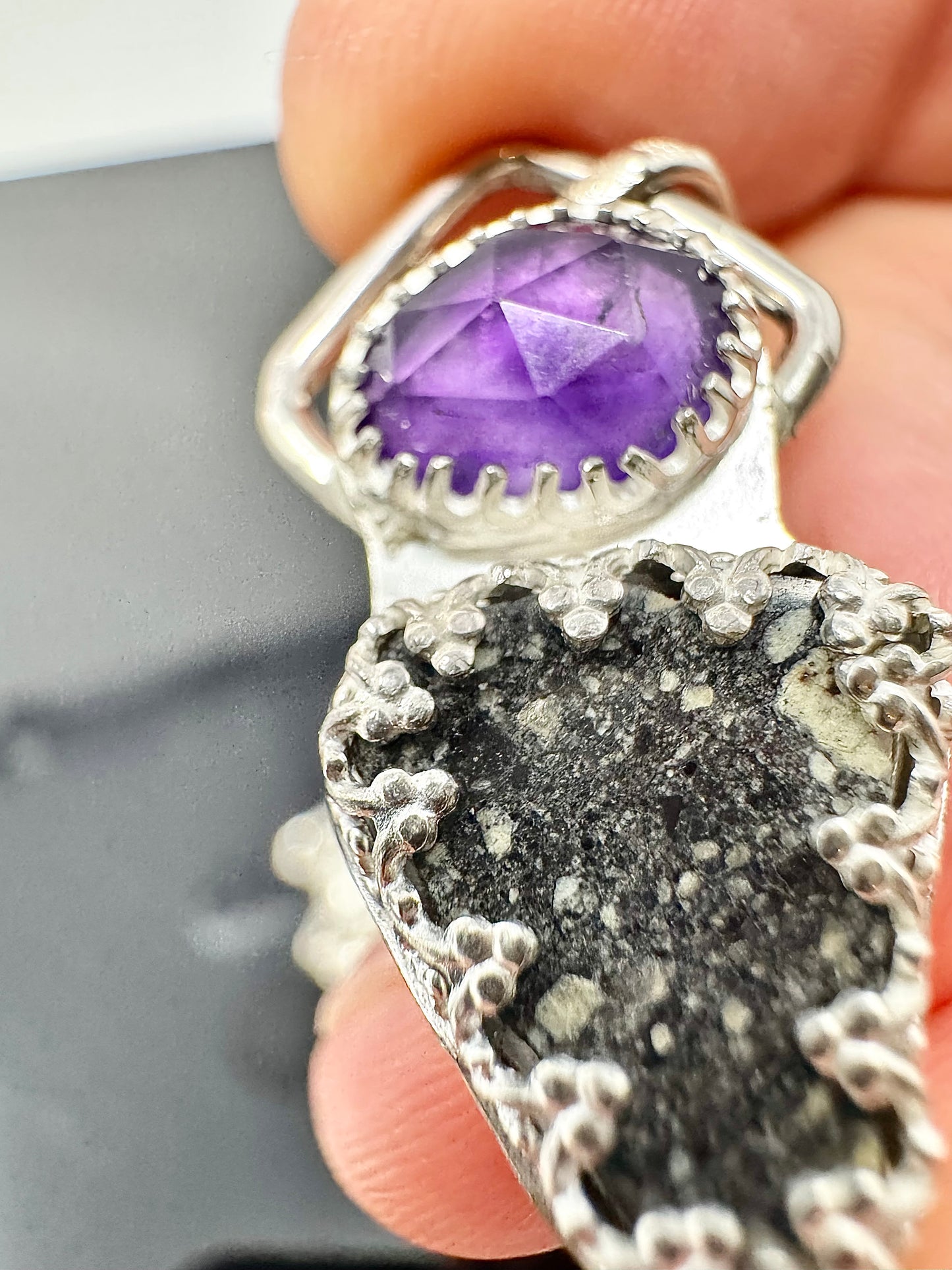 Surface of the Moon Collection: Diogenite Meteorite (Asteroid Vesta) w/ Faceted Amethyst- .925 Silver Necklace + Chain - Handmade/One of a Kind - Genuine Lunar Dust Mixed In Silver w/ COA