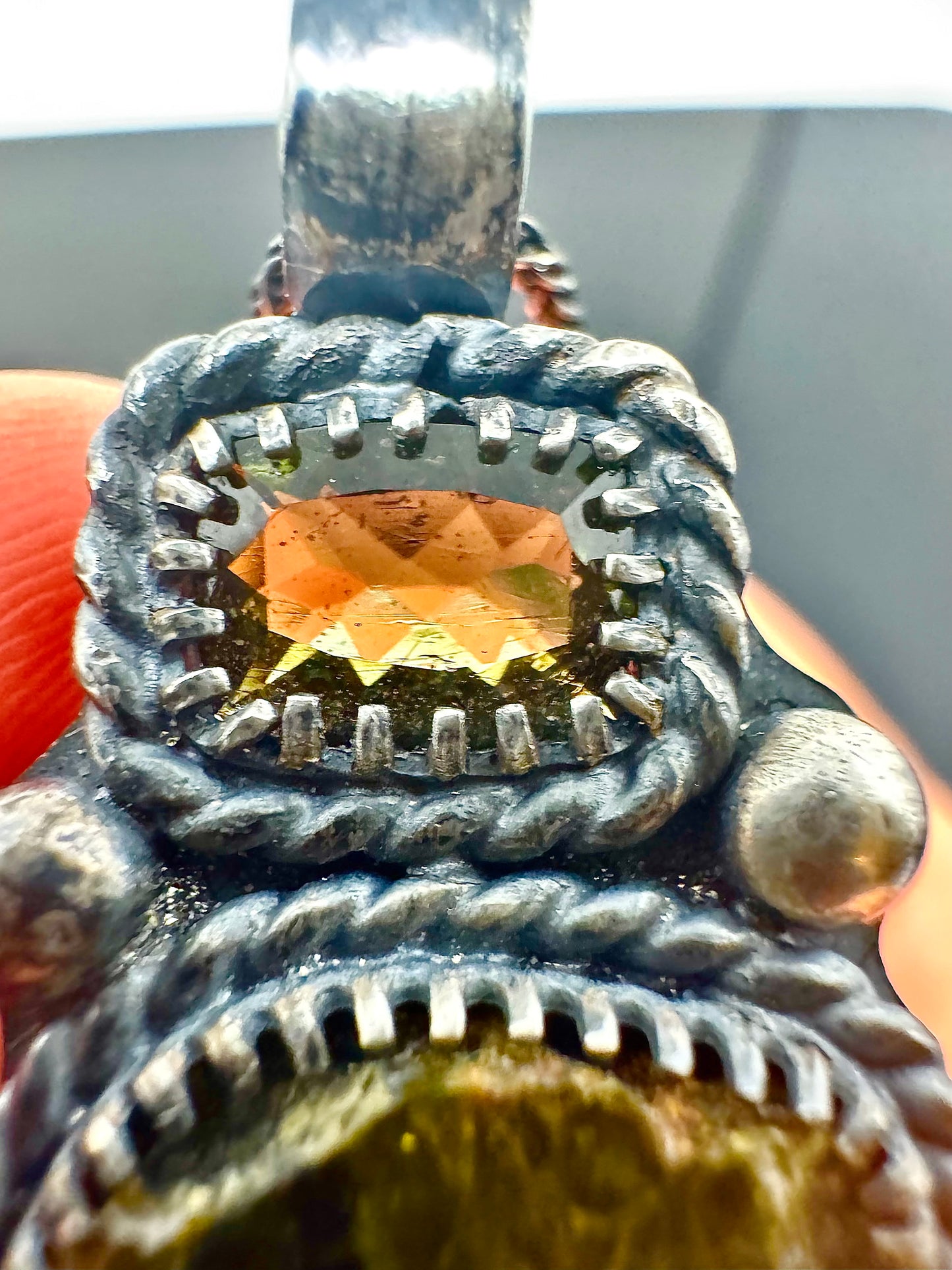 Surface of the Moon Collection:  NWA 7831 Diogenite Meteorite (Asteroid Vesta) w/ Faceted Moldavite - Silver Necklace + Chain - Handmade - One of a Kind - Genuine Lunar Dust Mixed In Silver w/ COA
