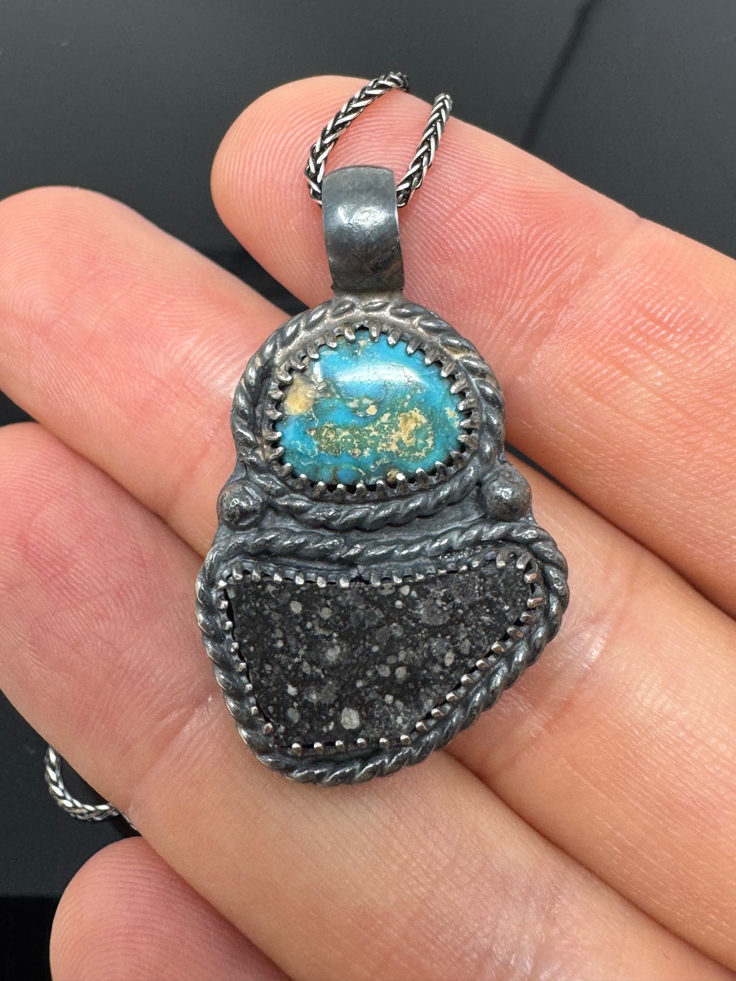 Surface of the Moon Collection: Genuine NWA 17679 Lunar Meteorite + Turquoise  .925 Silver Necklace - Handmade/One of a Kind w/ Lunar Dust Infused Silver - Comes with COA
