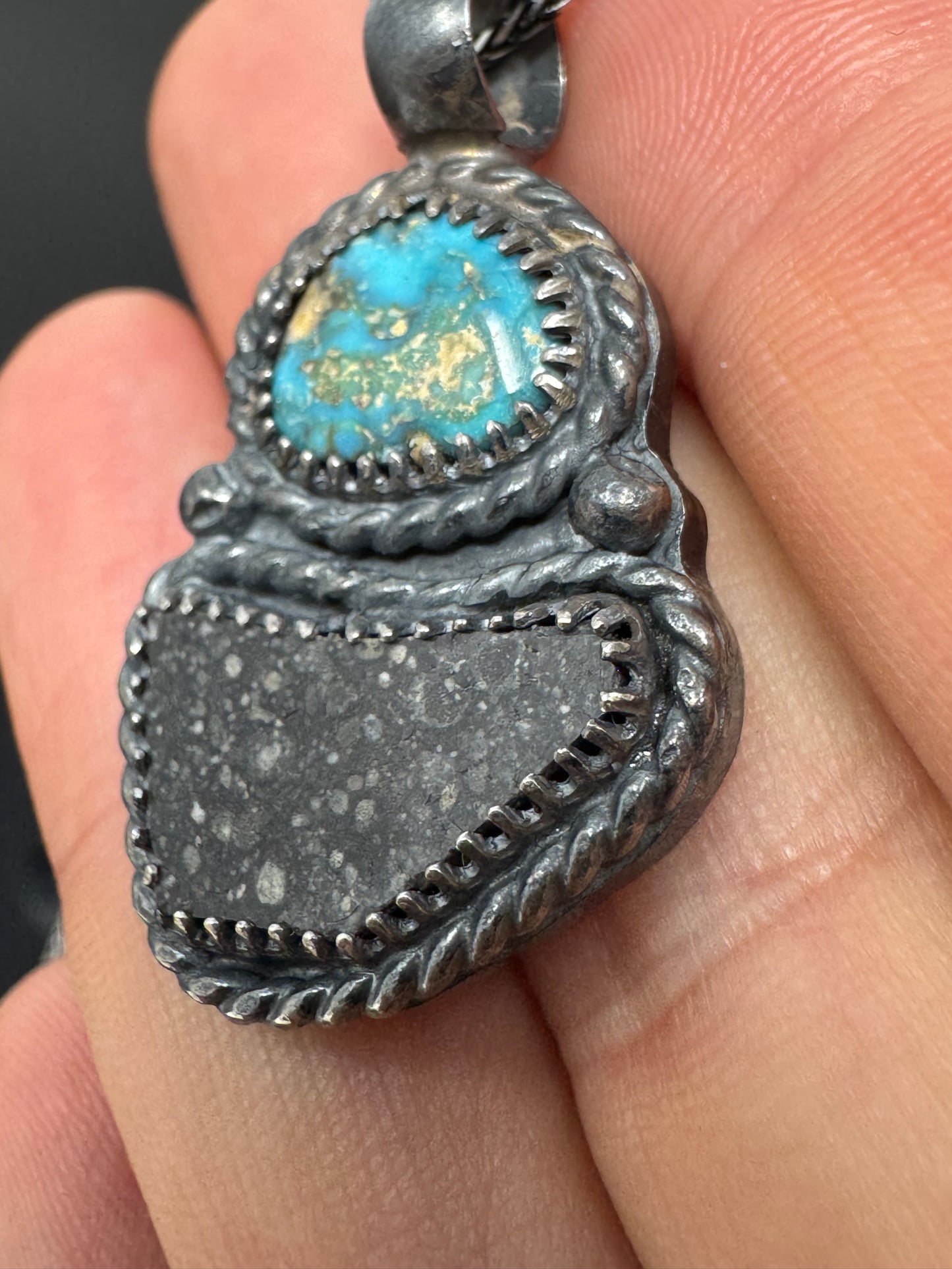 Surface of the Moon Collection: Genuine NWA 17679 Lunar Meteorite + Turquoise  .925 Silver Necklace - Handmade/One of a Kind w/ Lunar Dust Infused Silver - Comes with COA