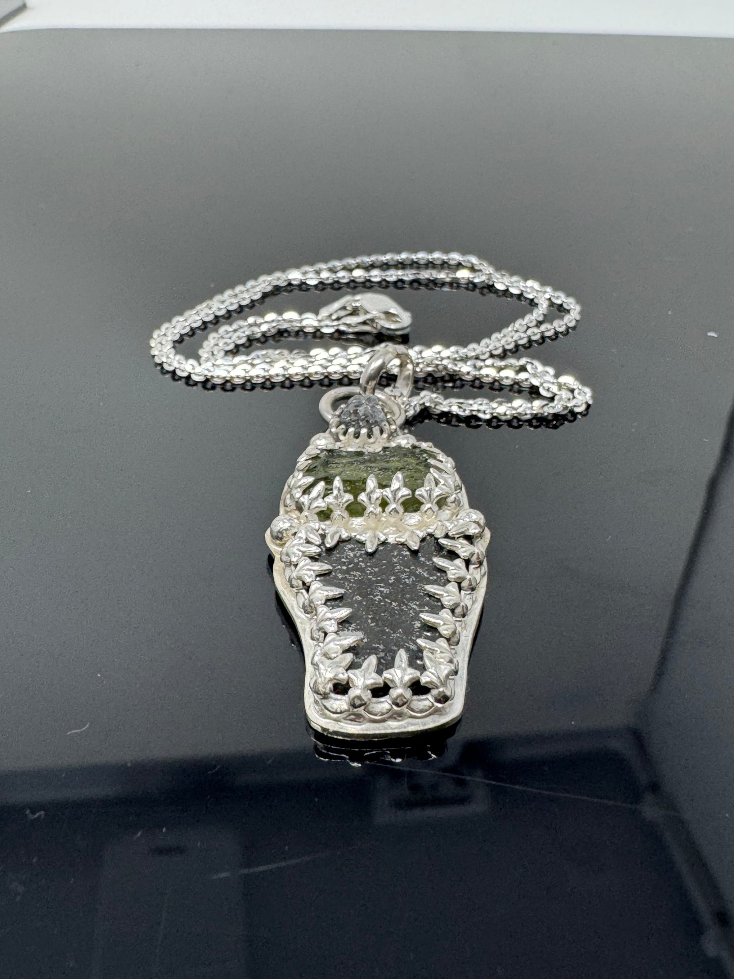 Surface of the Moon Collection: TASSÉDET 004 Meteorite (Asteroid) + Moldavite and Raw Diamond - Silver .925 Necklace and Chain - Handmade - One of a Kind - Genuine Lunar Dust Mixed In Silver w/ COA