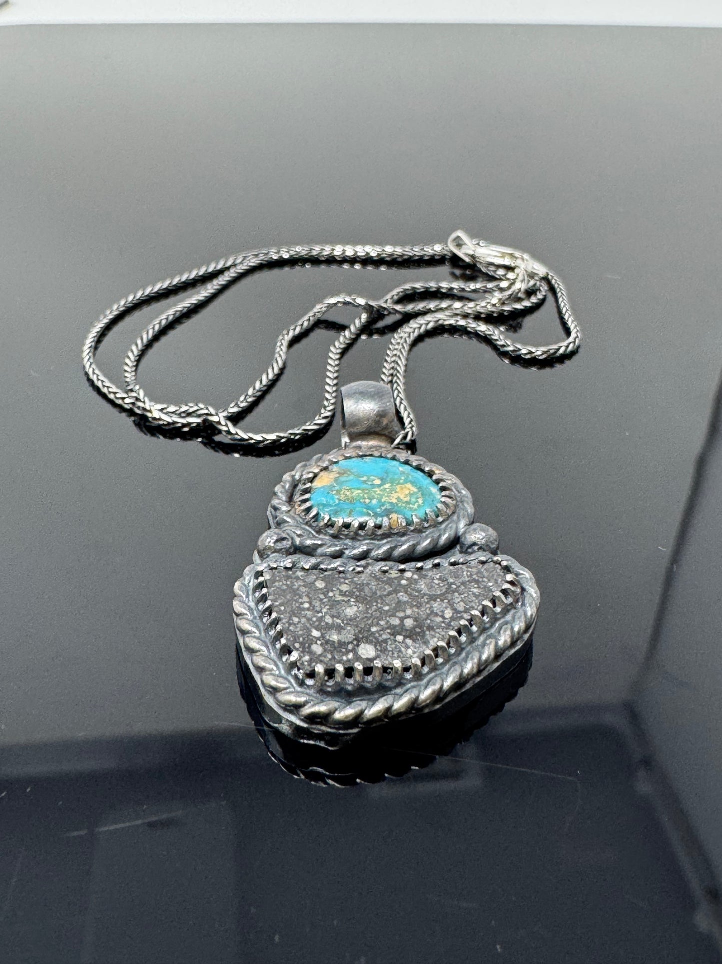 Surface of the Moon Collection: Genuine NWA 17679 Lunar Meteorite + Turquoise  .925 Silver Necklace - Handmade/One of a Kind w/ Lunar Dust Infused Silver - Comes with COA