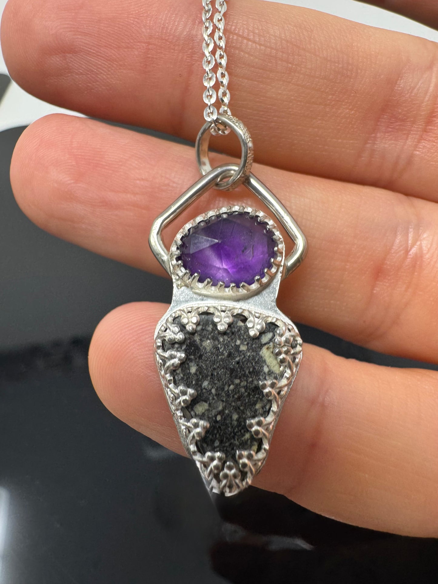 Surface of the Moon Collection: Diogenite Meteorite (Asteroid Vesta) w/ Faceted Amethyst- .925 Silver Necklace + Chain - Handmade/One of a Kind - Genuine Lunar Dust Mixed In Silver w/ COA