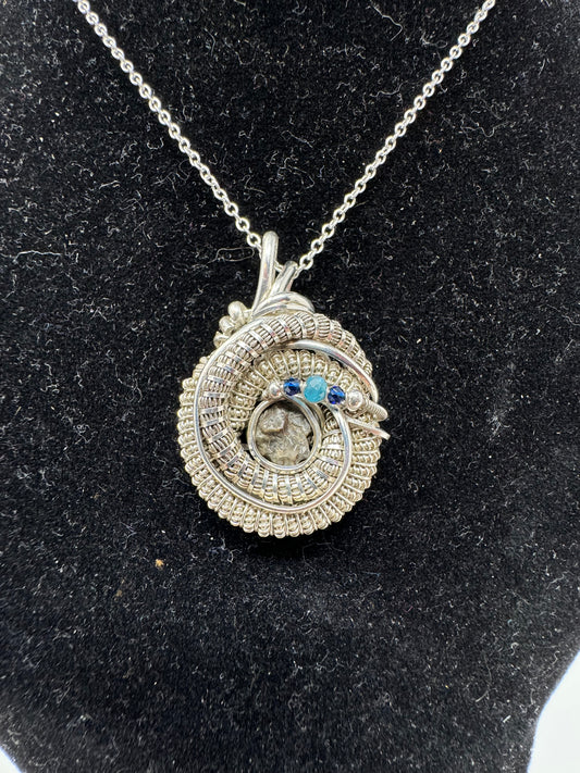 Lunar Meteorite Necklace w/ Sapphire, Apatite, Sterling Silver - Handmade - One of a Kind