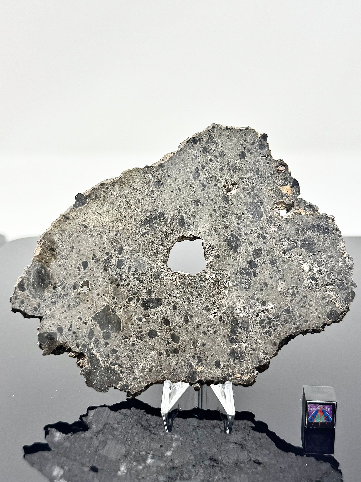 Unique and Rare NEA 089 Lunar Troctolitic Melt - 57.4g Full Slice with Hole Caused By Giant Pocket Of Vesicles!  Lunar Meteorite From Deep Within The Moon’s Crust
