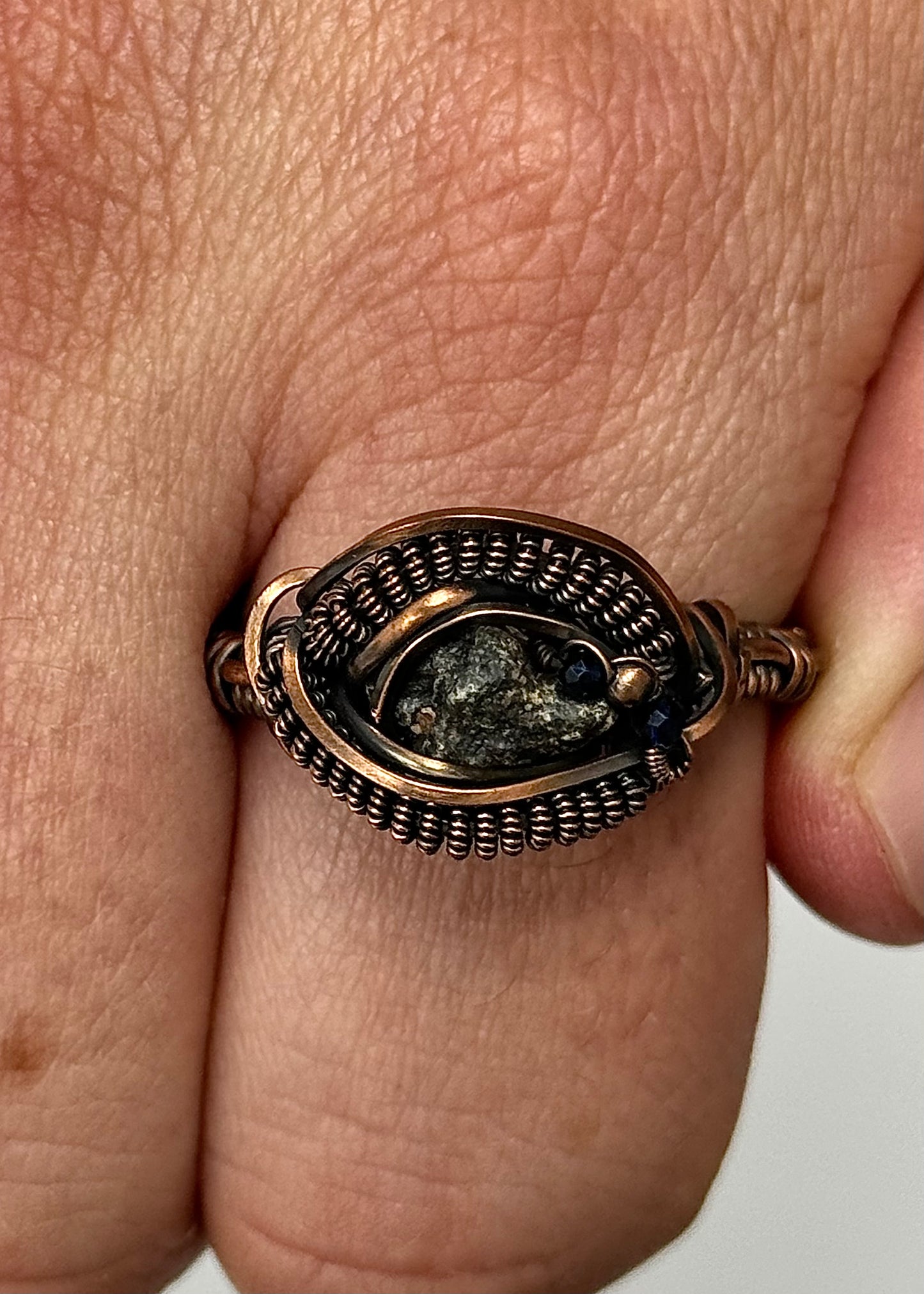 Handmade Ring - Genuine Lunar Meteorite, Sapphire + Copper - Size 13 - One of a Kind