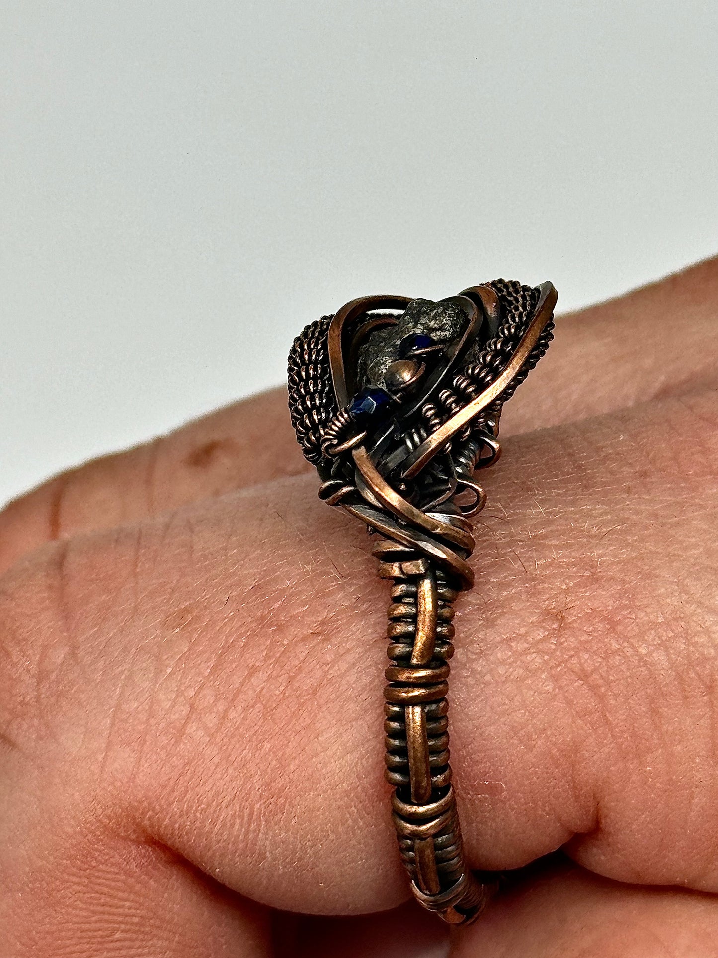 Handmade Ring - Genuine Lunar Meteorite, Sapphire + Copper - Size 13 - One of a Kind