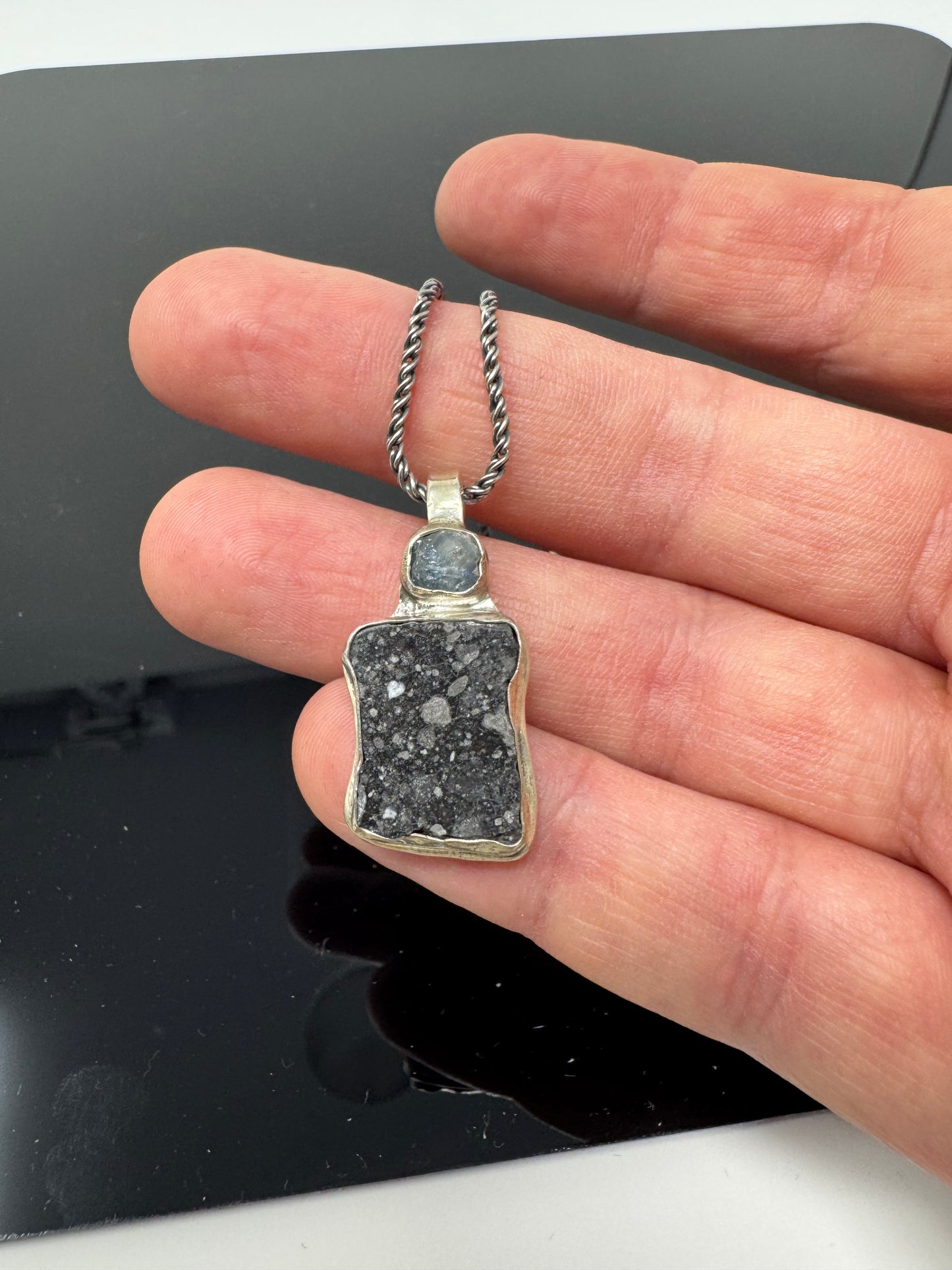 The Surface of the Moon Collection: 
Genuine NWA 17679 Lunar Meteorite Silver Necklace w/ Raw Montana Sapphire - Handmade - One of a Kind