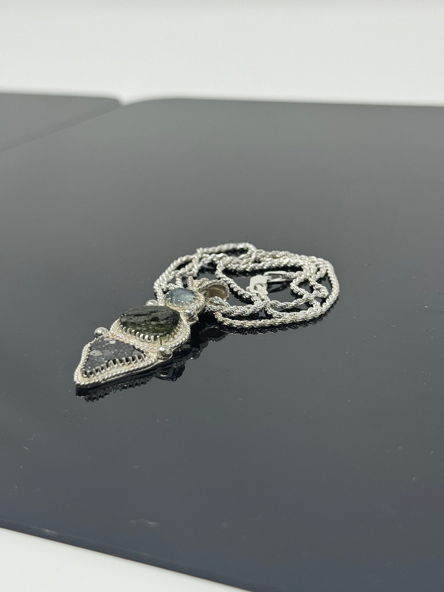 The Surface of the Moon Collection: 
Stunning Genuine NWA 17679 Lunar Meteorite Silver Necklace w/ Raw Montana Sapphire and Moldavite - Handmade - One of a Kind!