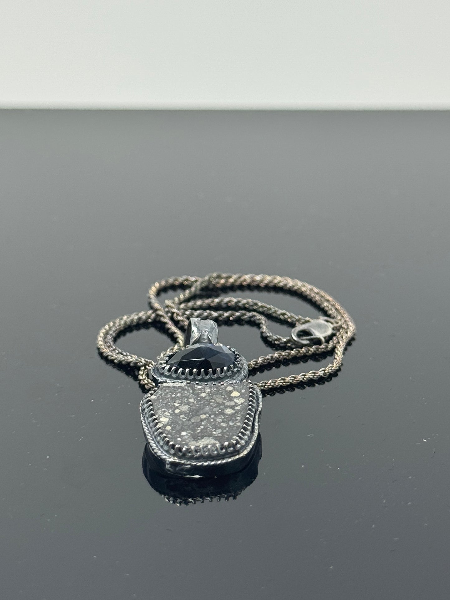 The Surface of the Moon Collection: 
Genuine NWA 17679 Lunar Meteorite Silver Necklace w/ Pietersite - Handmade - One of a Kind