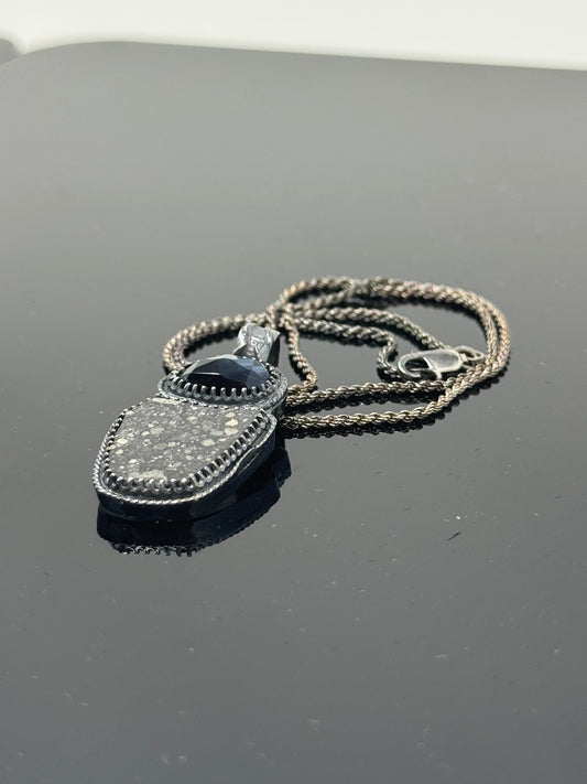The Surface of the Moon Collection: 
Genuine NWA 17679 Lunar Meteorite Silver Necklace w/ Pietersite - Handmade - One of a Kind